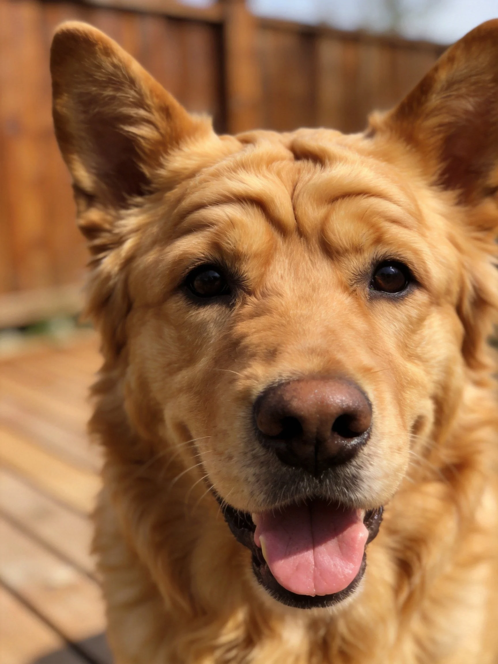 Golden retriever with upright ears in a sunny backyard
