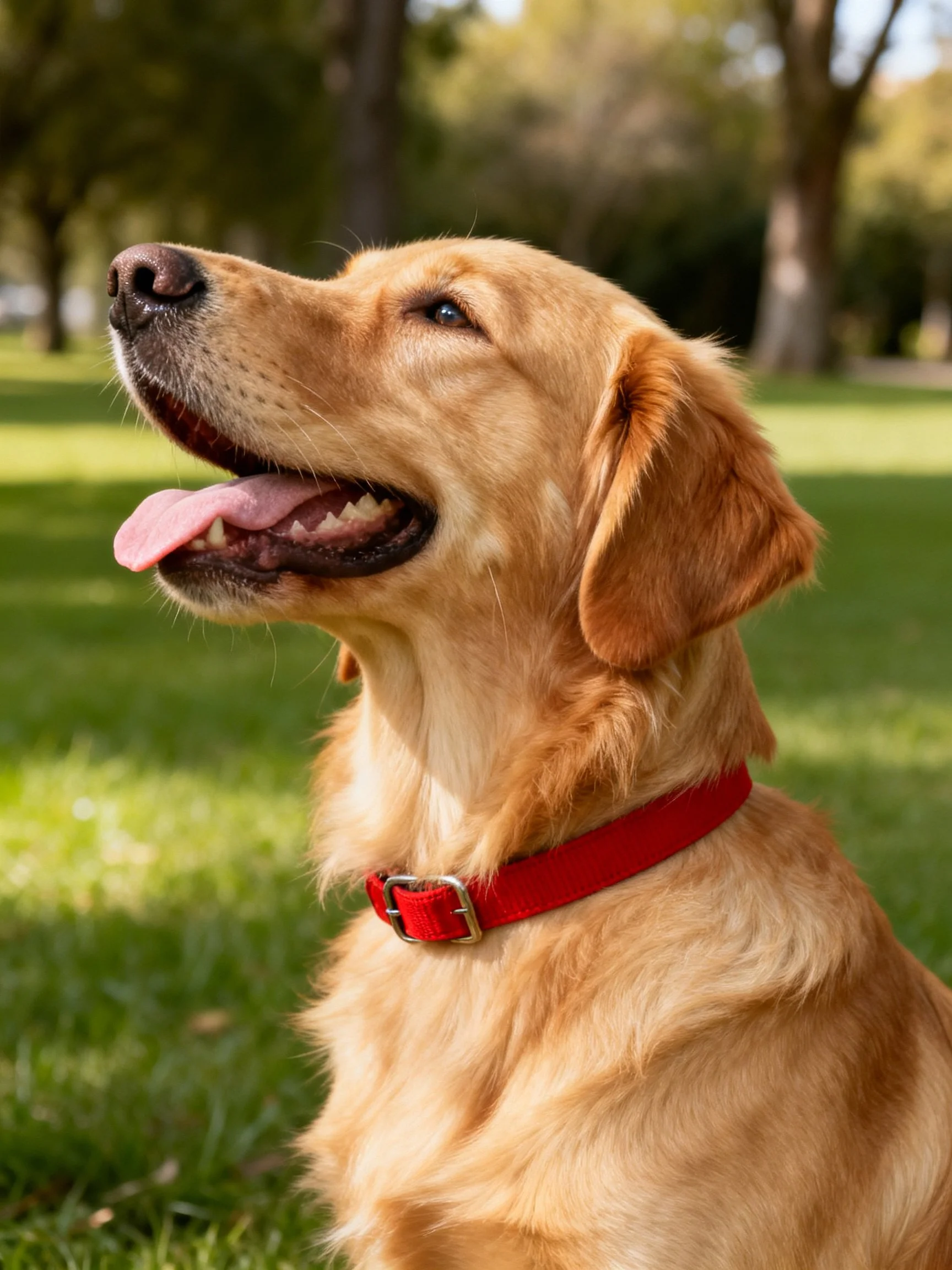 Golden retriever with red collar enjoys the sunny park setting.