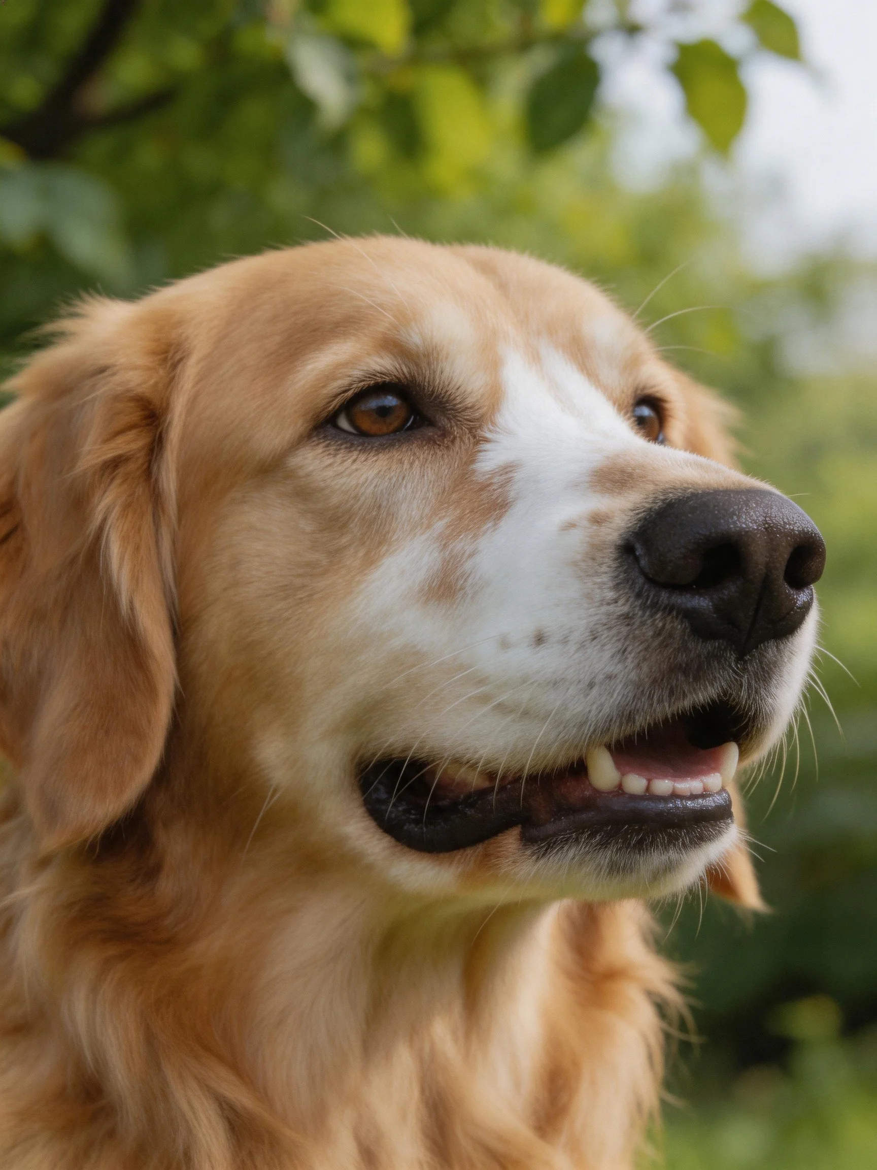 A golden retriever with white facial markings is outdoors.