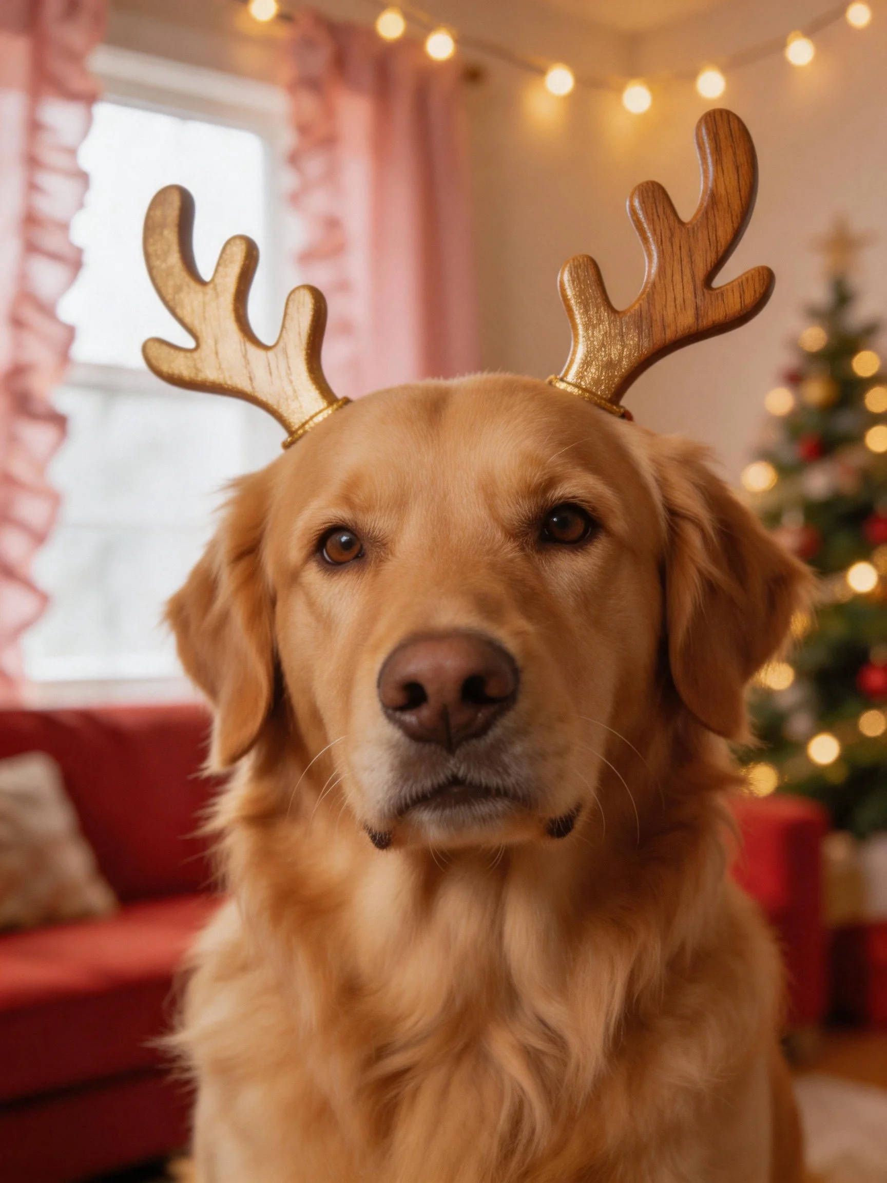 Golden retriever wears wooden reindeer antlers in a festively decorated room.