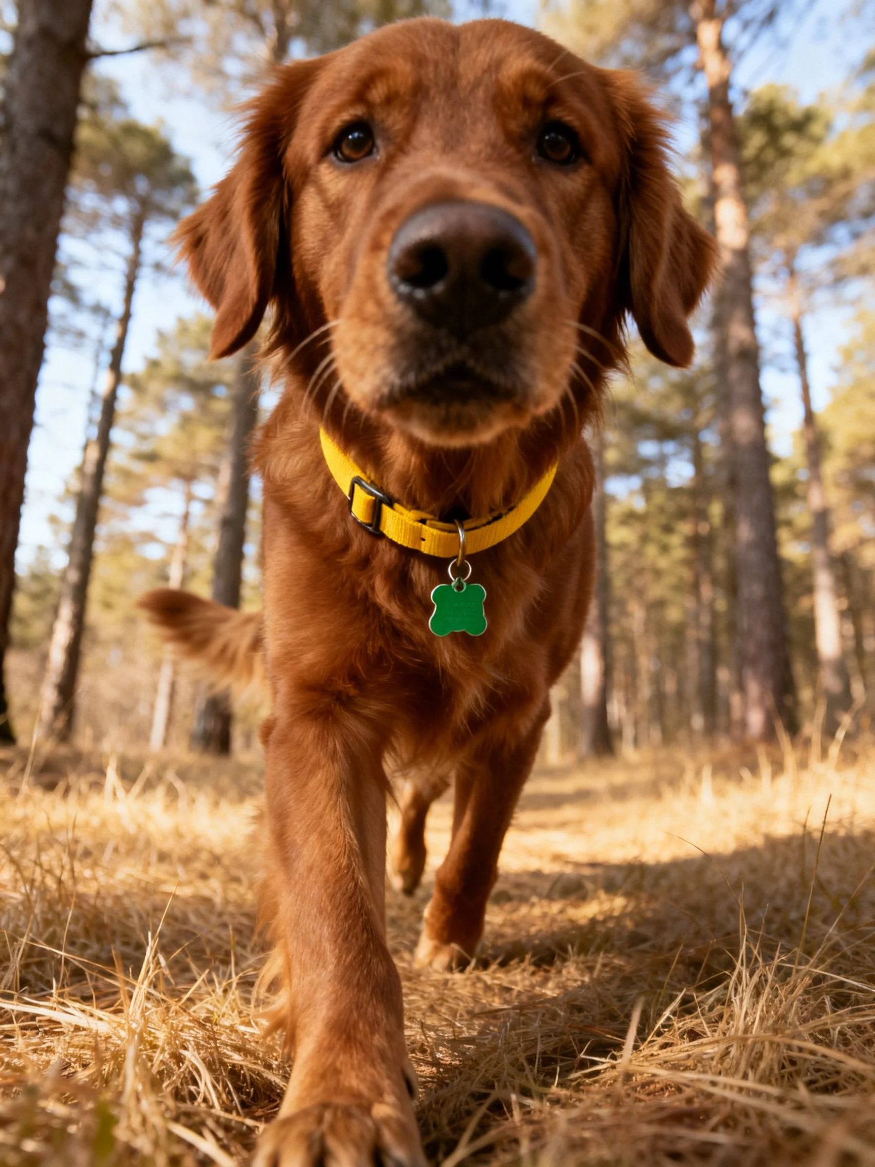 A golden retriever with a yellow collar approaches the camera in a sunlit woodland area.