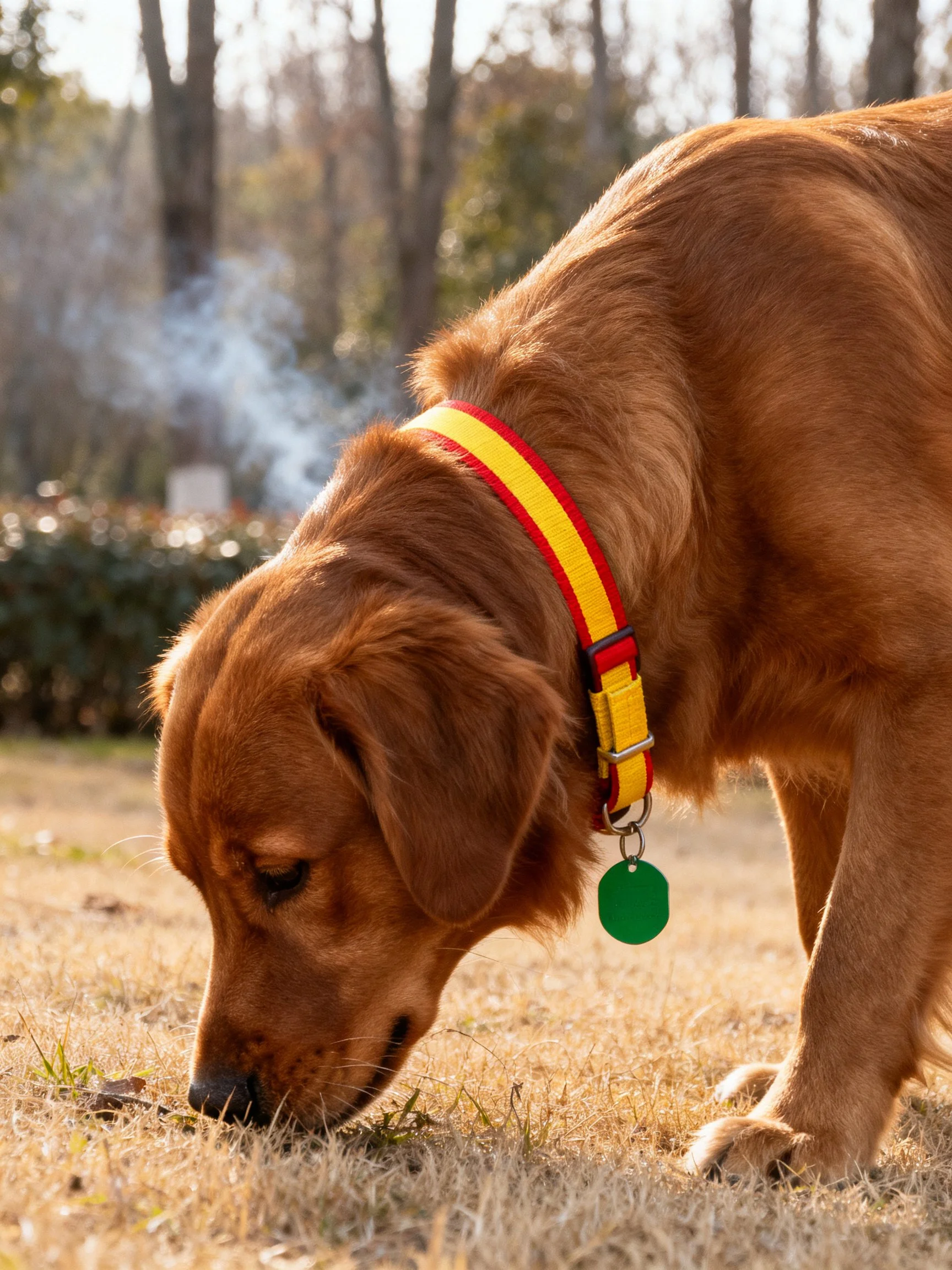 Golden retriever sniffs grass while wearing a yellow-red collar outdoors