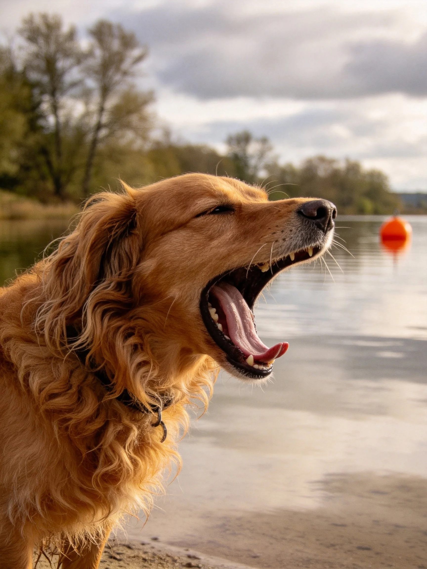 A golden retriever yawns by a calm lake amid trees and a buoy.