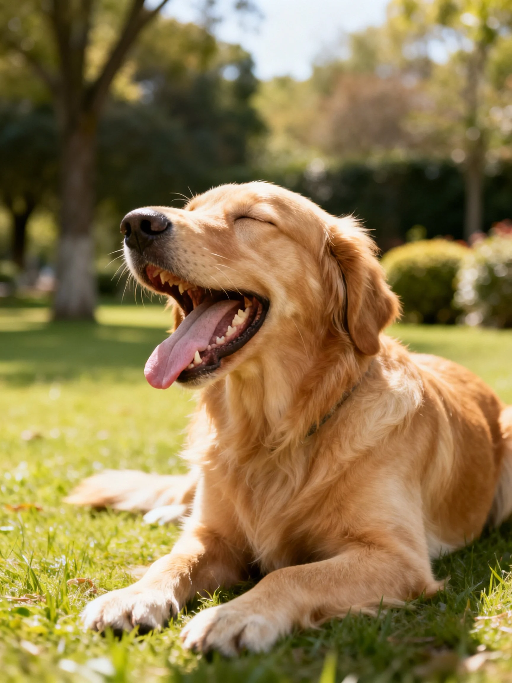 Golden retriever yawning joyfully on sunlit grass