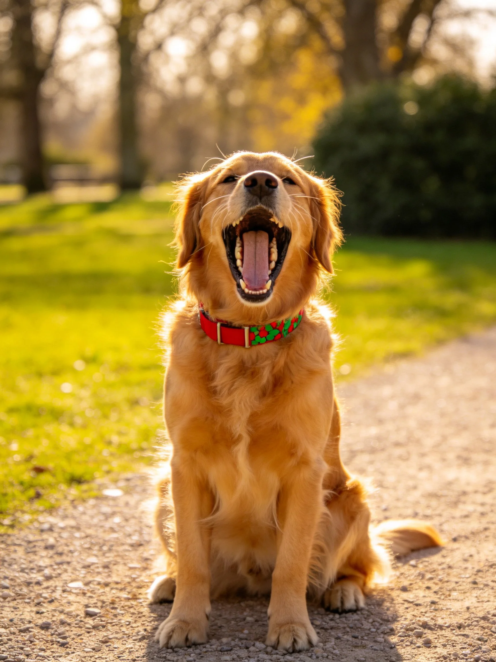 A golden retriever yawns while sitting on a sunlit gravel path.