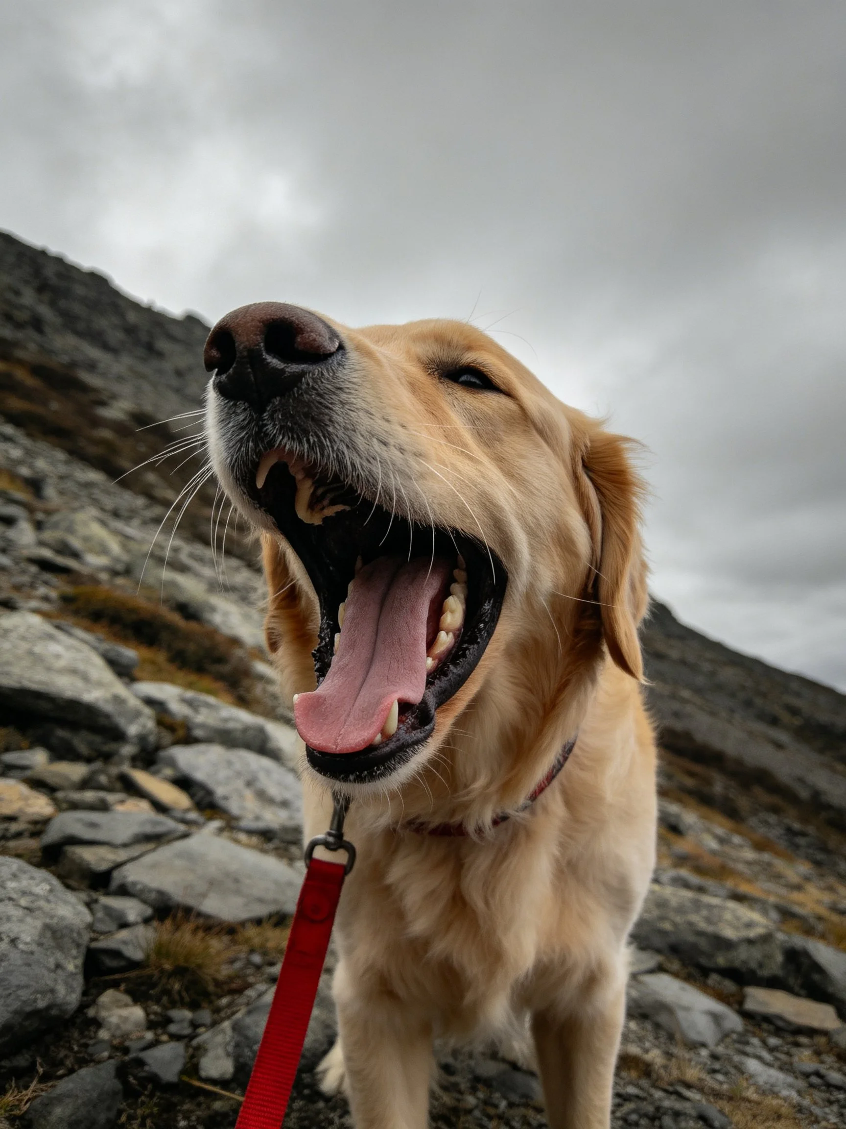 A golden retriever yawns while standing on rocky ground under an overcast sky.
