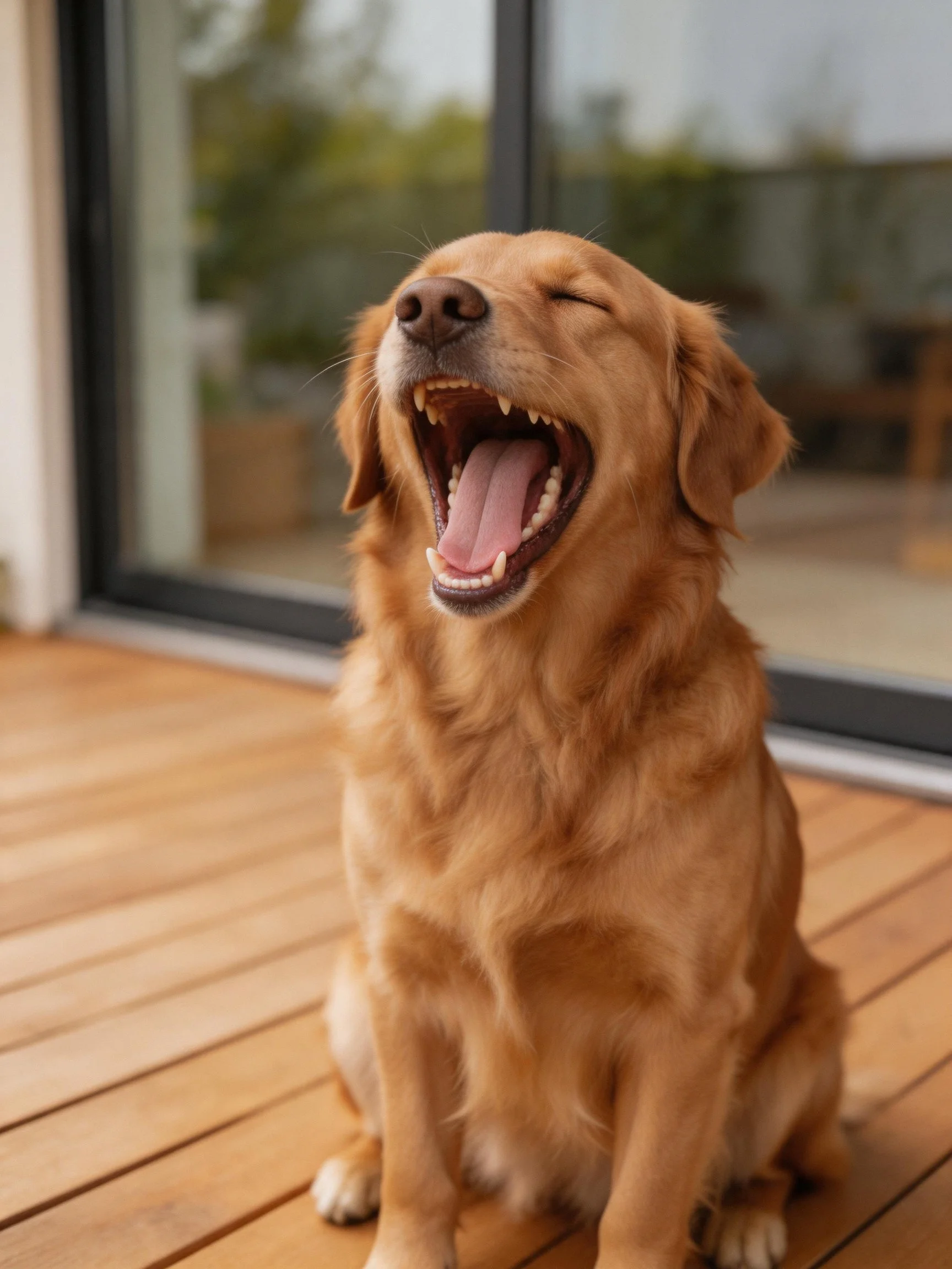 A golden retriever yawns happily on a wooden deck next to glass doors.