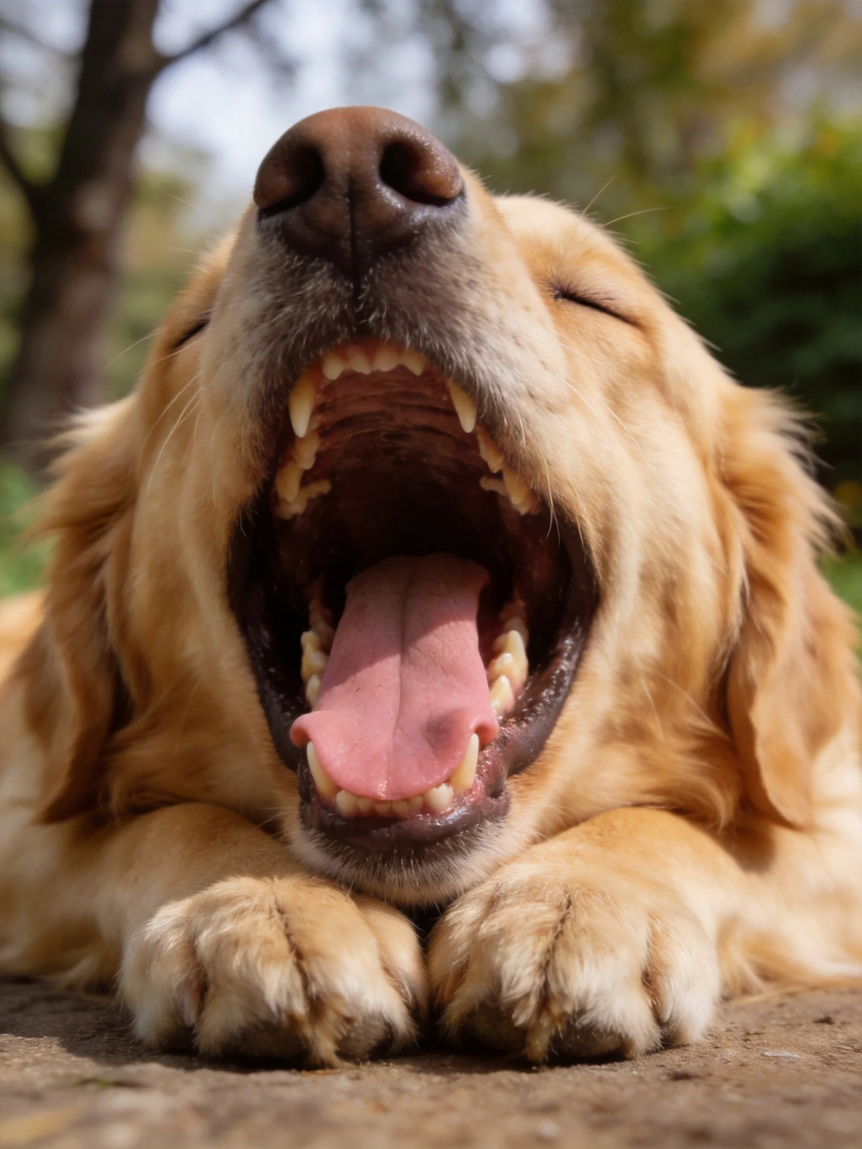 A golden retriever yawns widely with eyes closed in an outdoor setting.