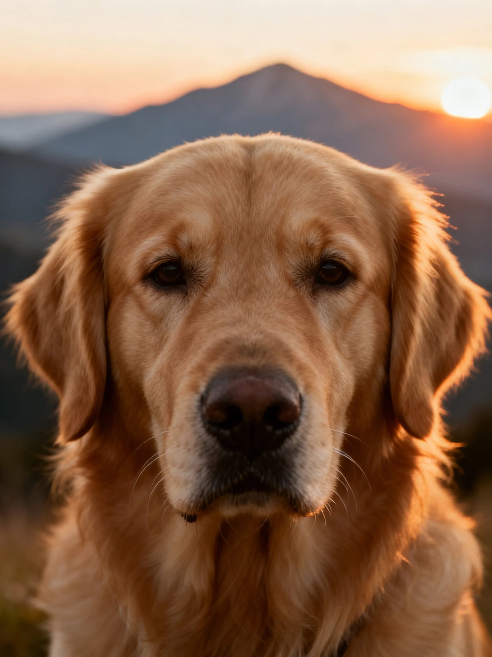 A golden retriever is photographed up close with a mountainous sunset in the background.