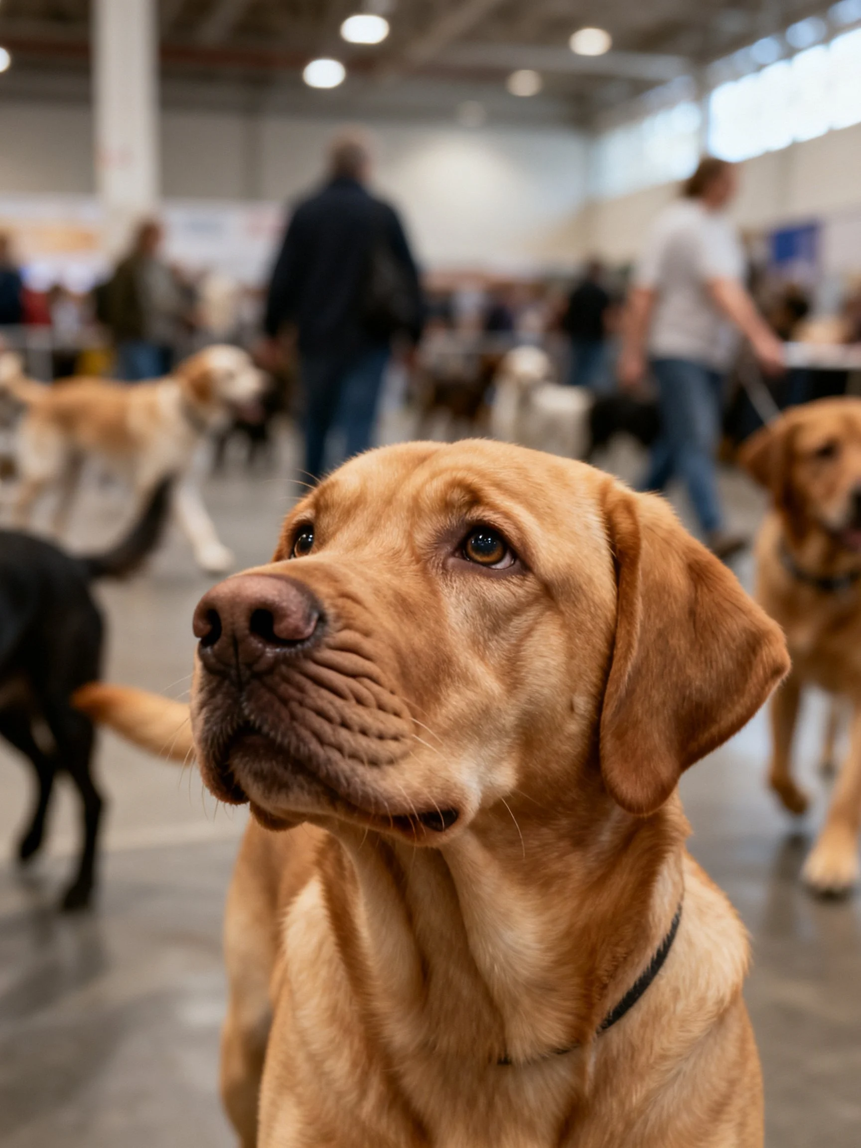 Golden retrievers and people fill a spacious indoor venue