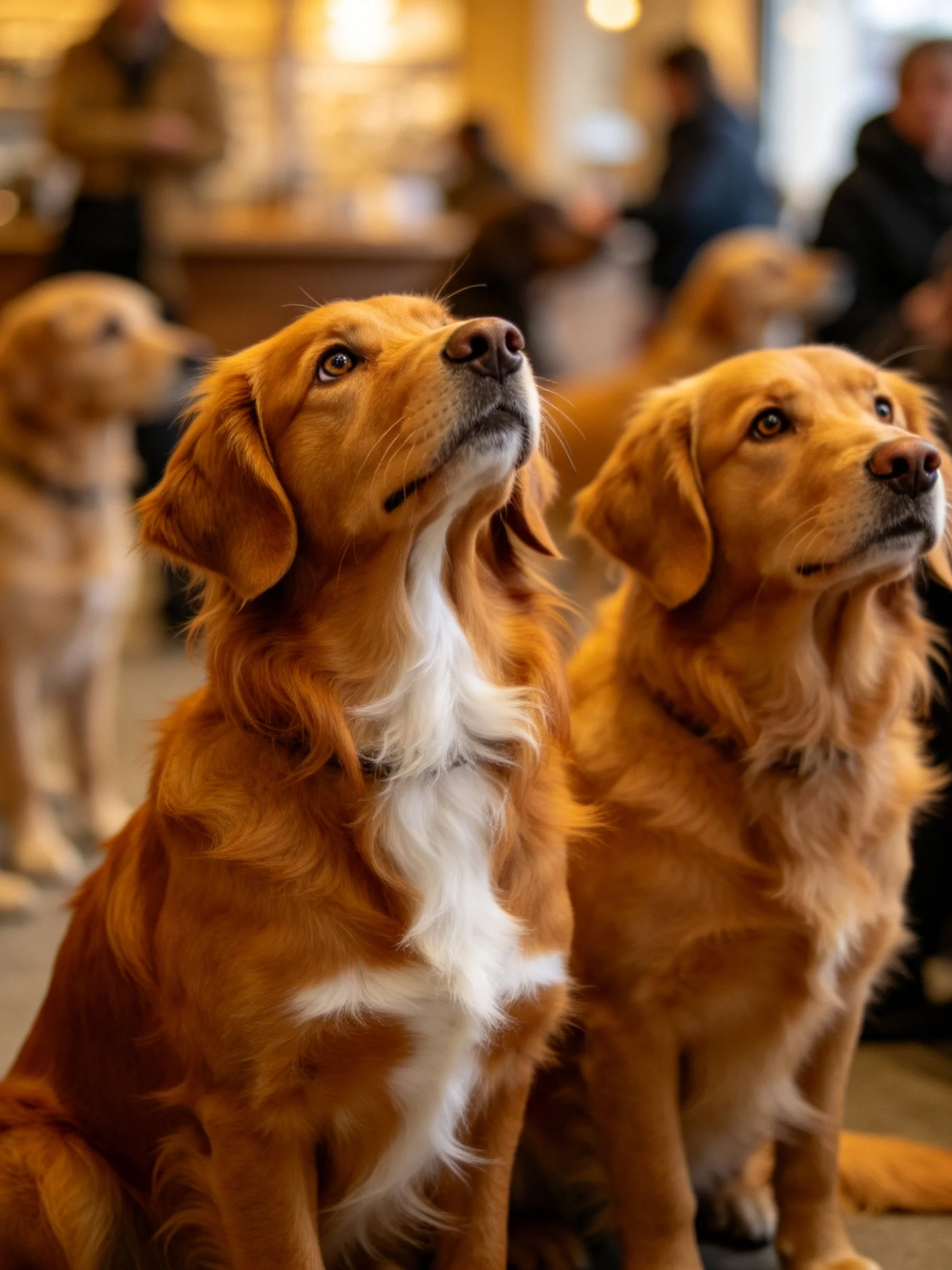 Golden retrievers gathered indoors with warm lighting