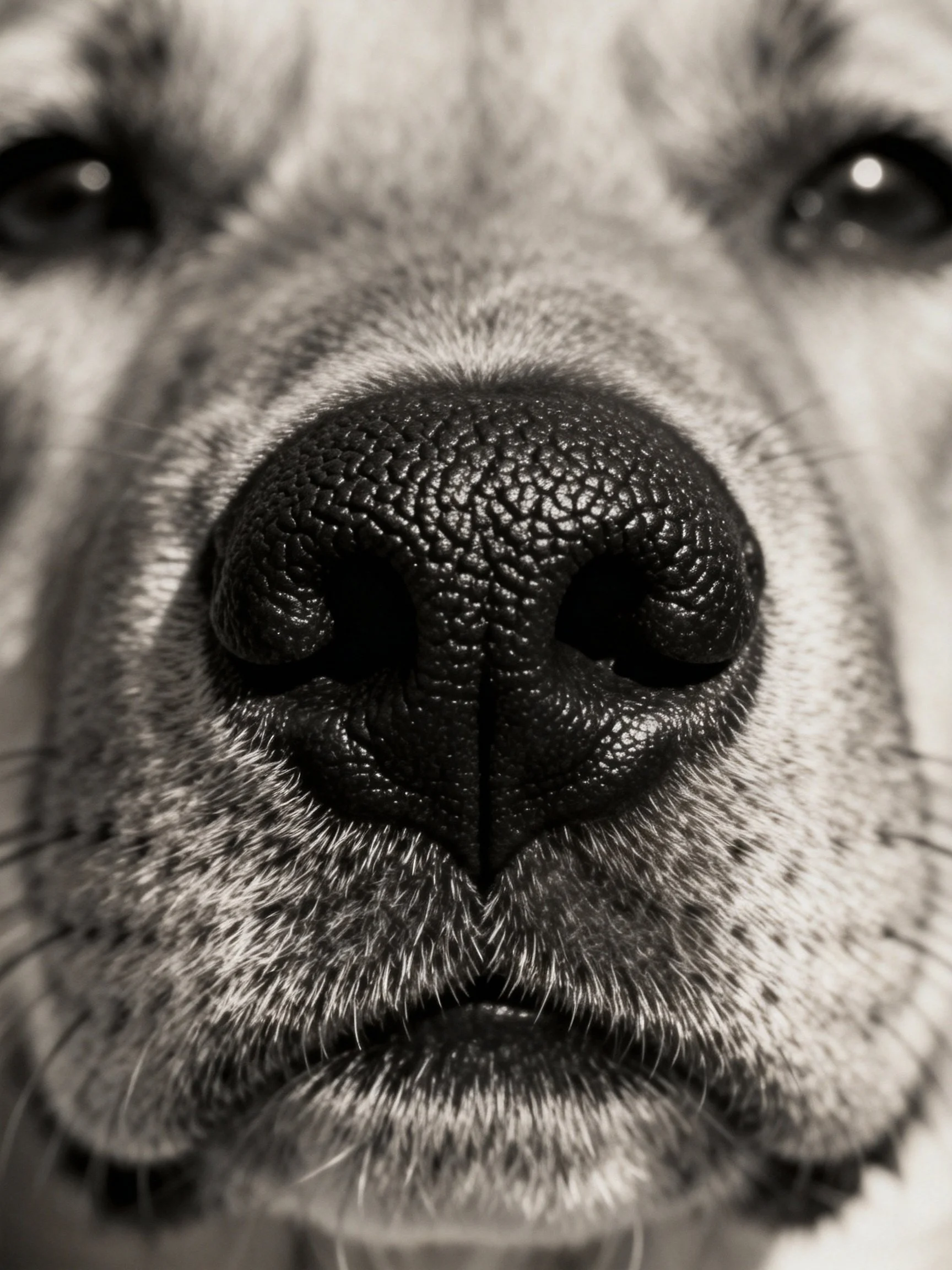 Golden retrievers textured black nose and soft facial fur in monochrome