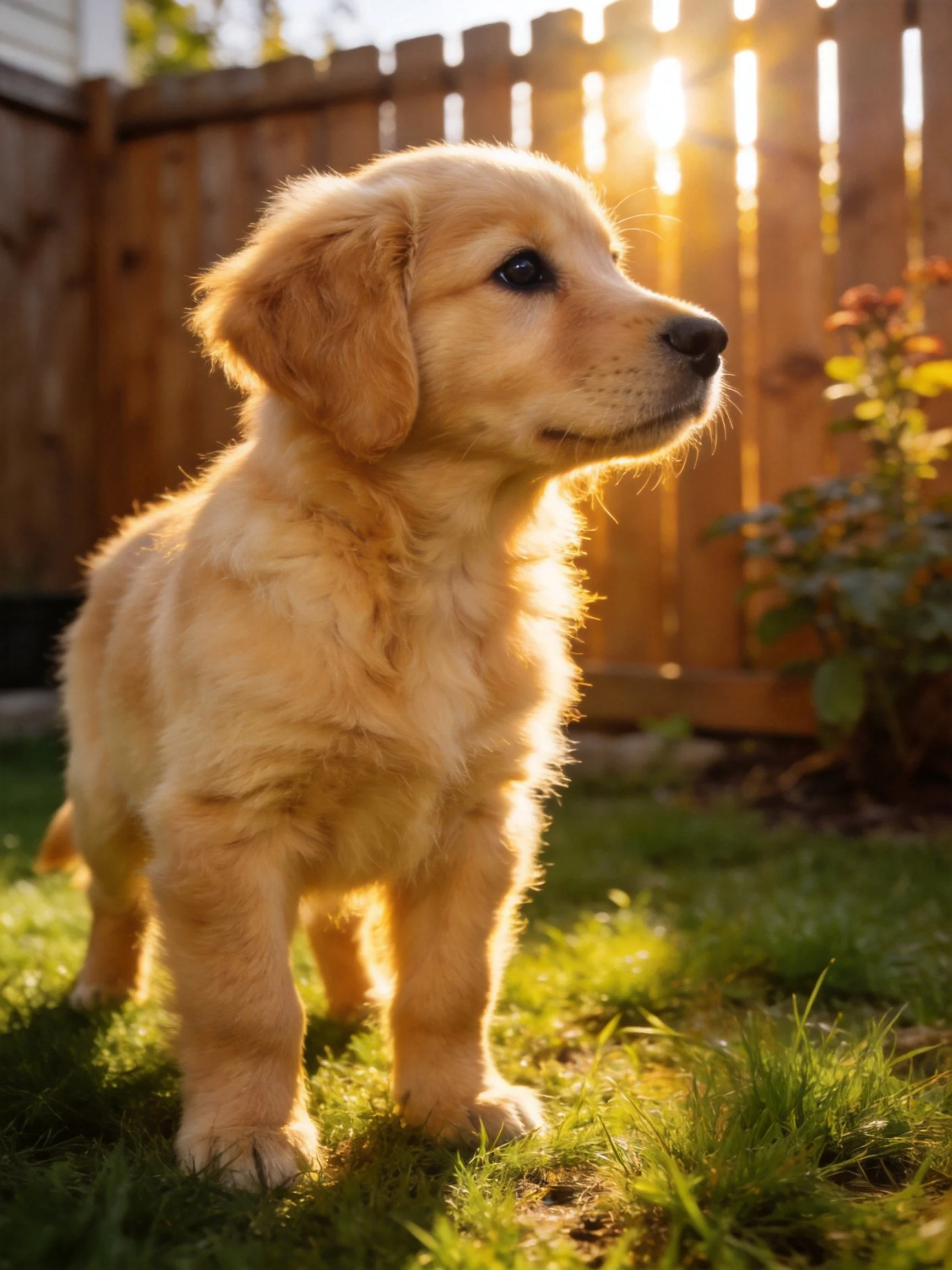 Golden retriever puppy stands on grass in sunlit backyard.