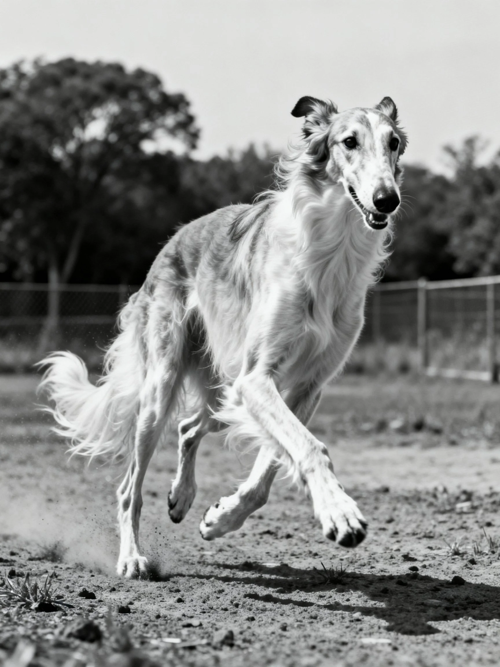 Graceful Borzoi dog sprinting through open outdoor space