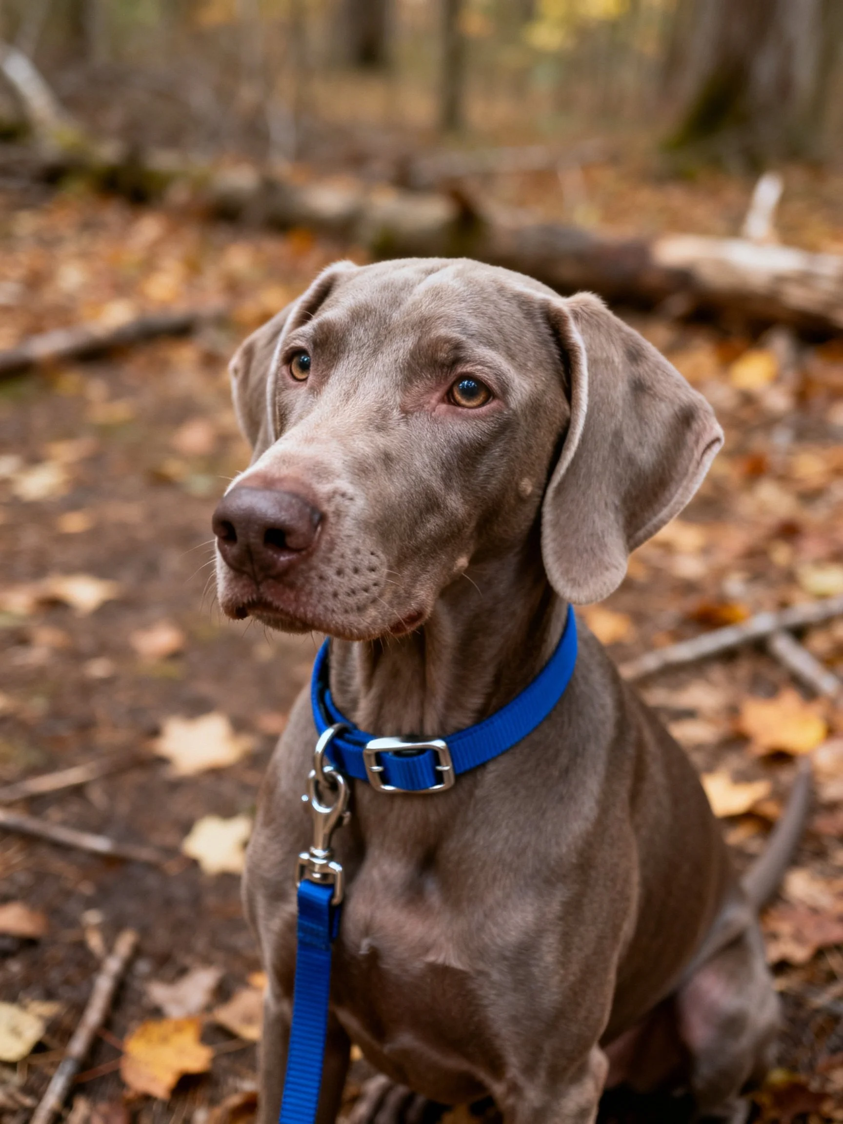 Gray Weimaraner dog with blue collar in autumn leaf-filled forest