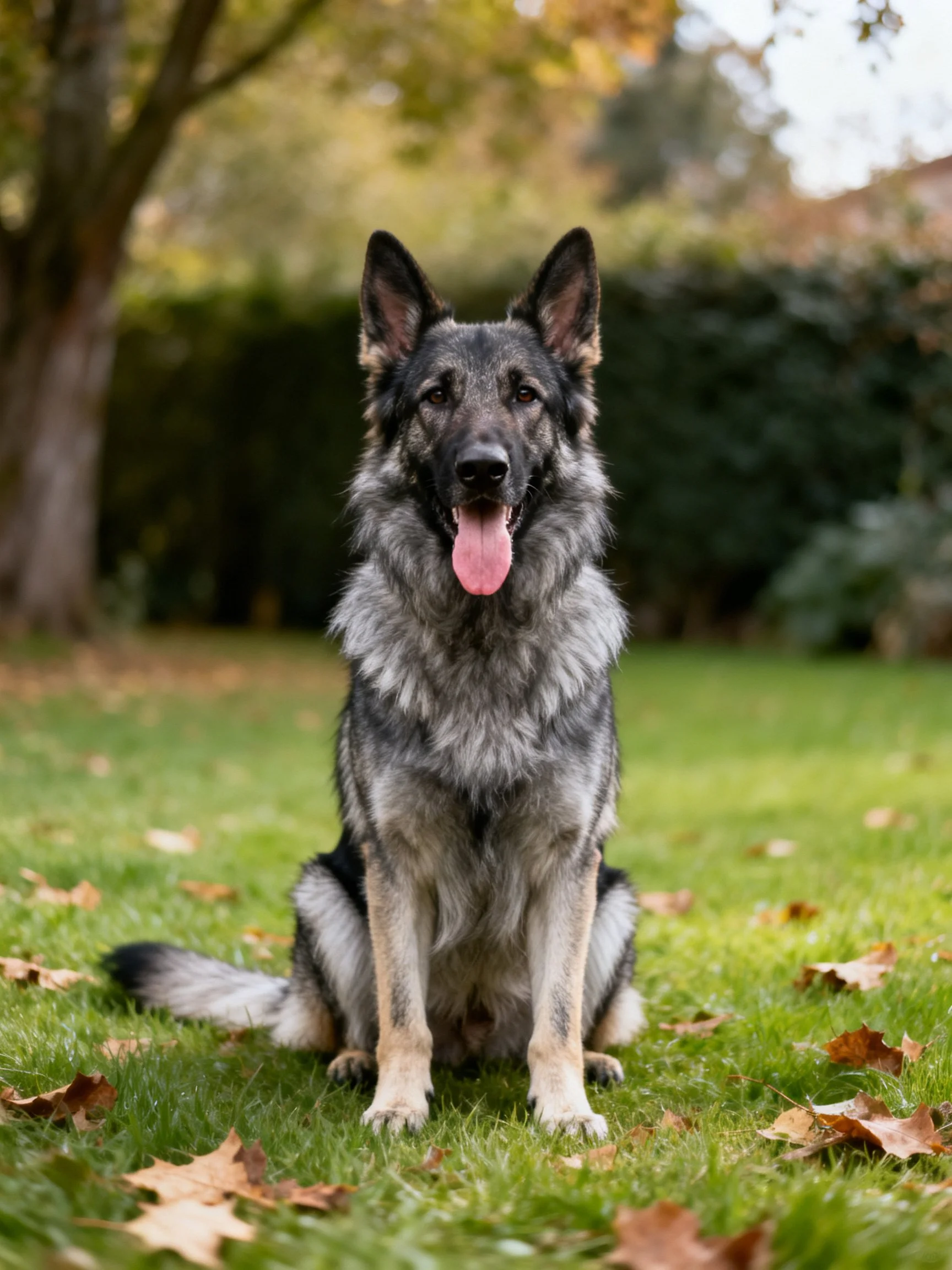 A German Shepherd sits on grass with autumn leaves.