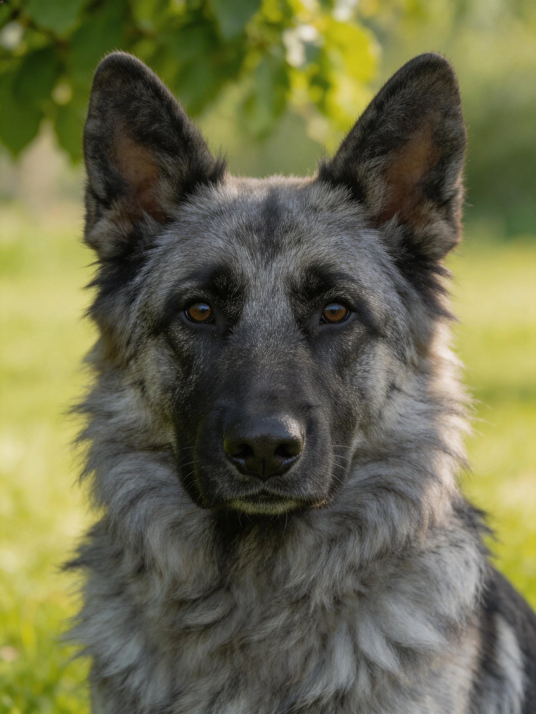 A German Shepherd with gray and black fur is outdoors among green surroundings.