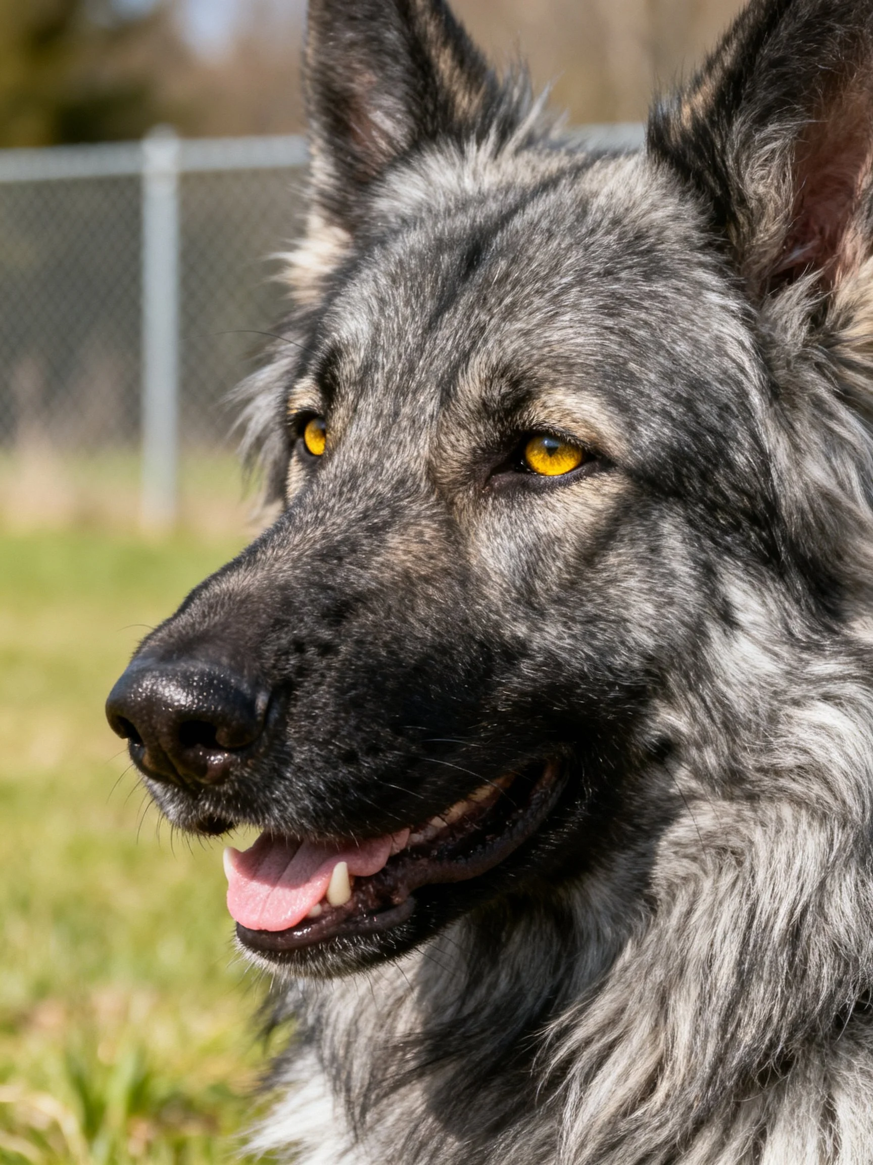 Gray and black-furred dog with bright yellow eyes in an outdoor area