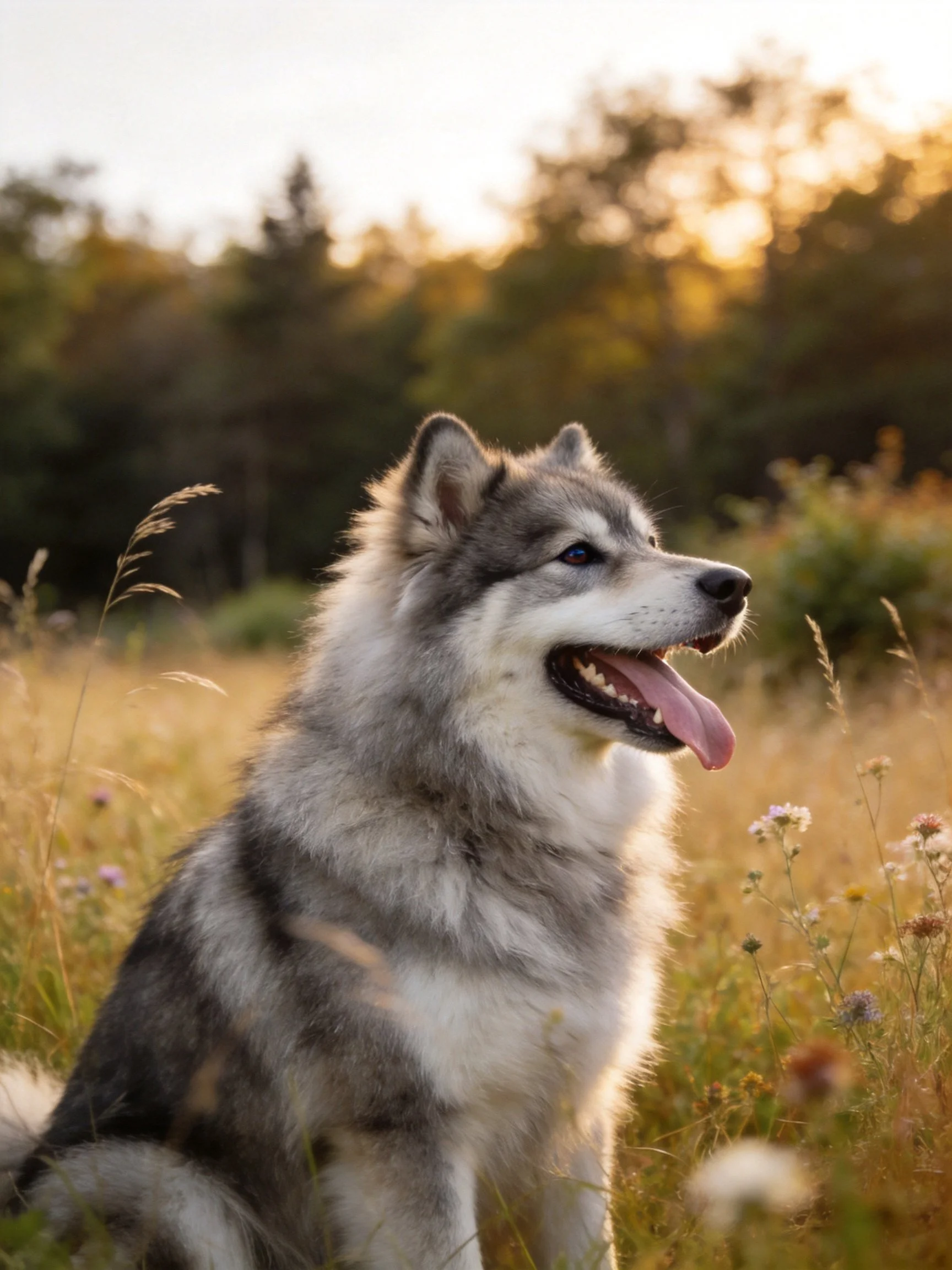 A gray-and-white Alaskan Malamute relaxes in a sunlit meadow with tall grass and flowers.