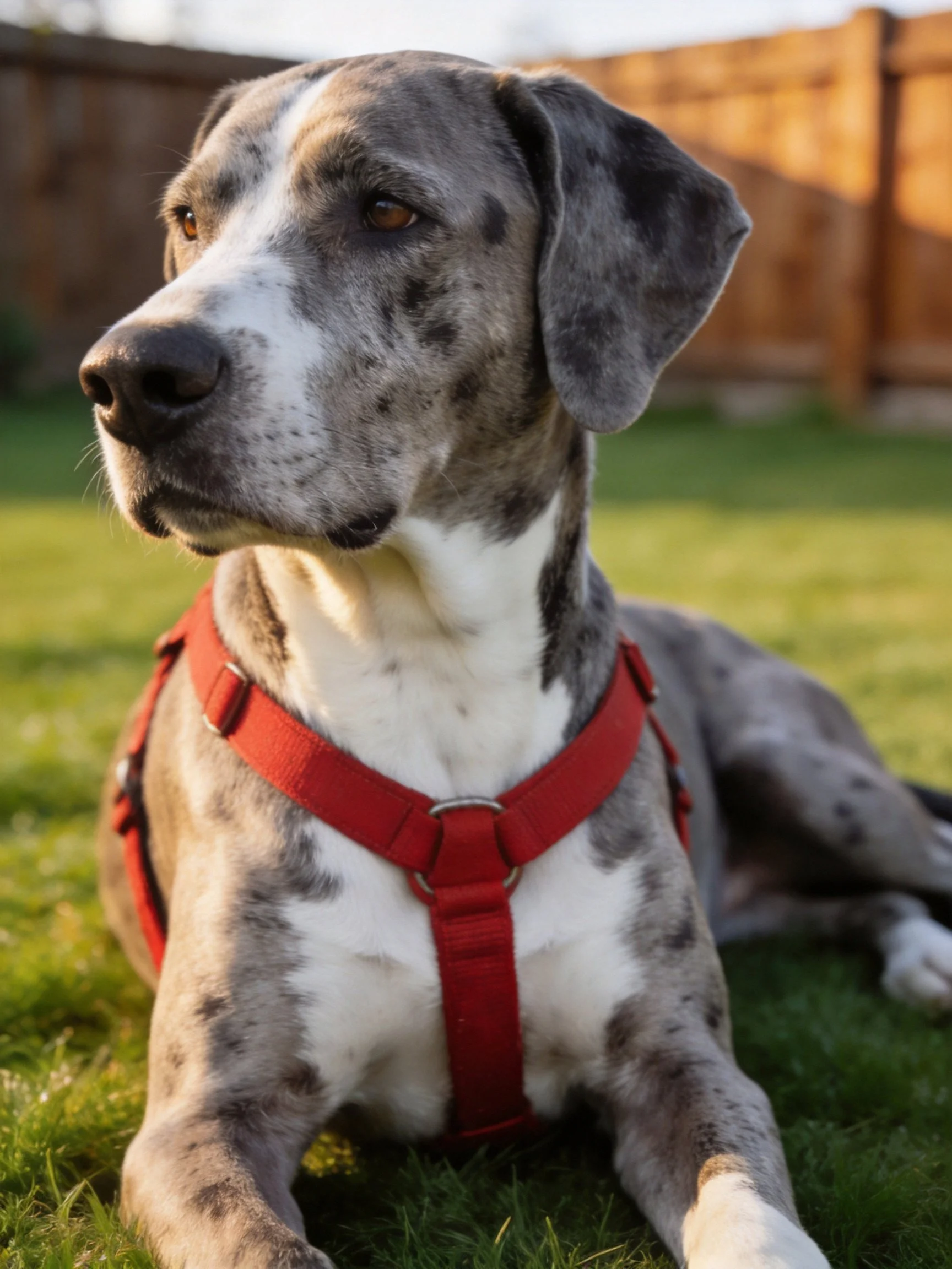 Gray and white Great Dane in red harness on grassy yard