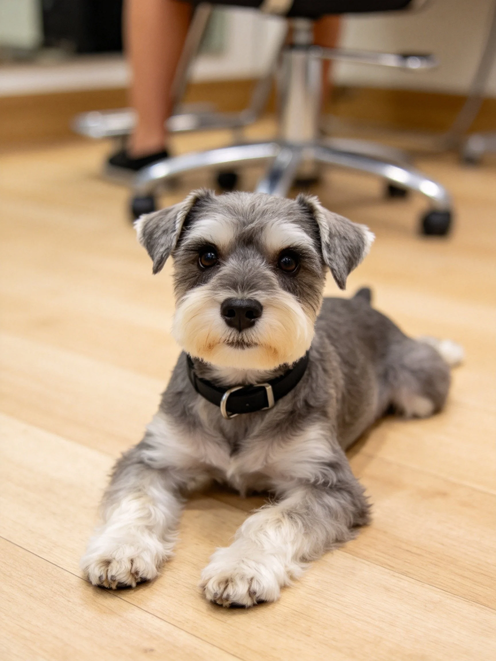 A gray and white dog lies calmly on a wooden floor with an office chair in the background.