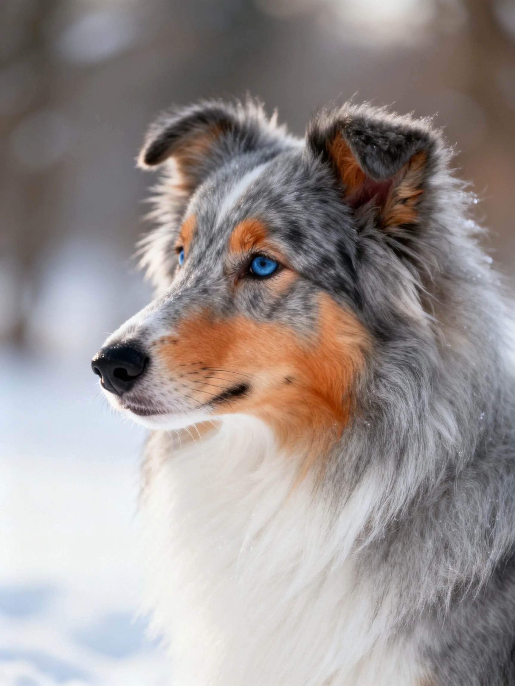 A Sheltie with striking blue eyes stands attentively amid a snowy backdrop.