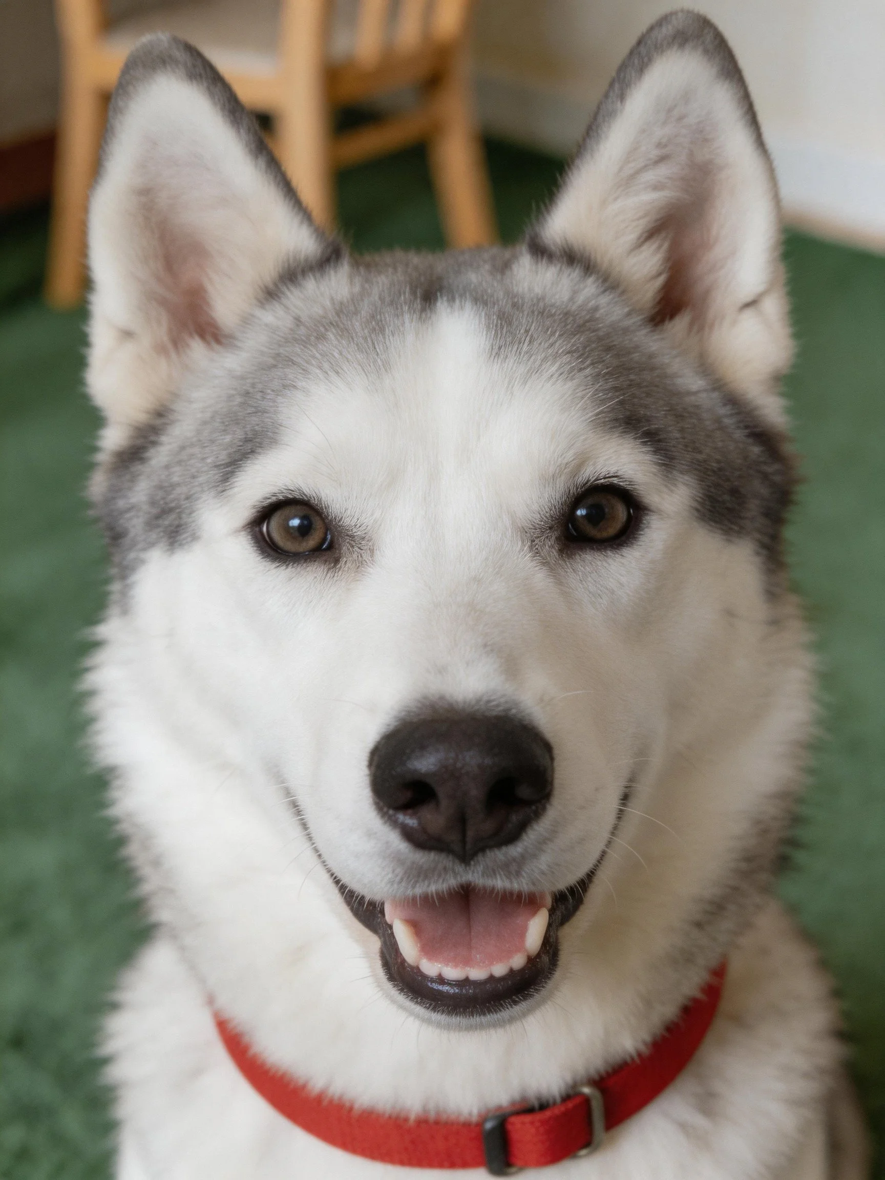 A gray and white Siberian Husky smiles happily with a red collar indoors.