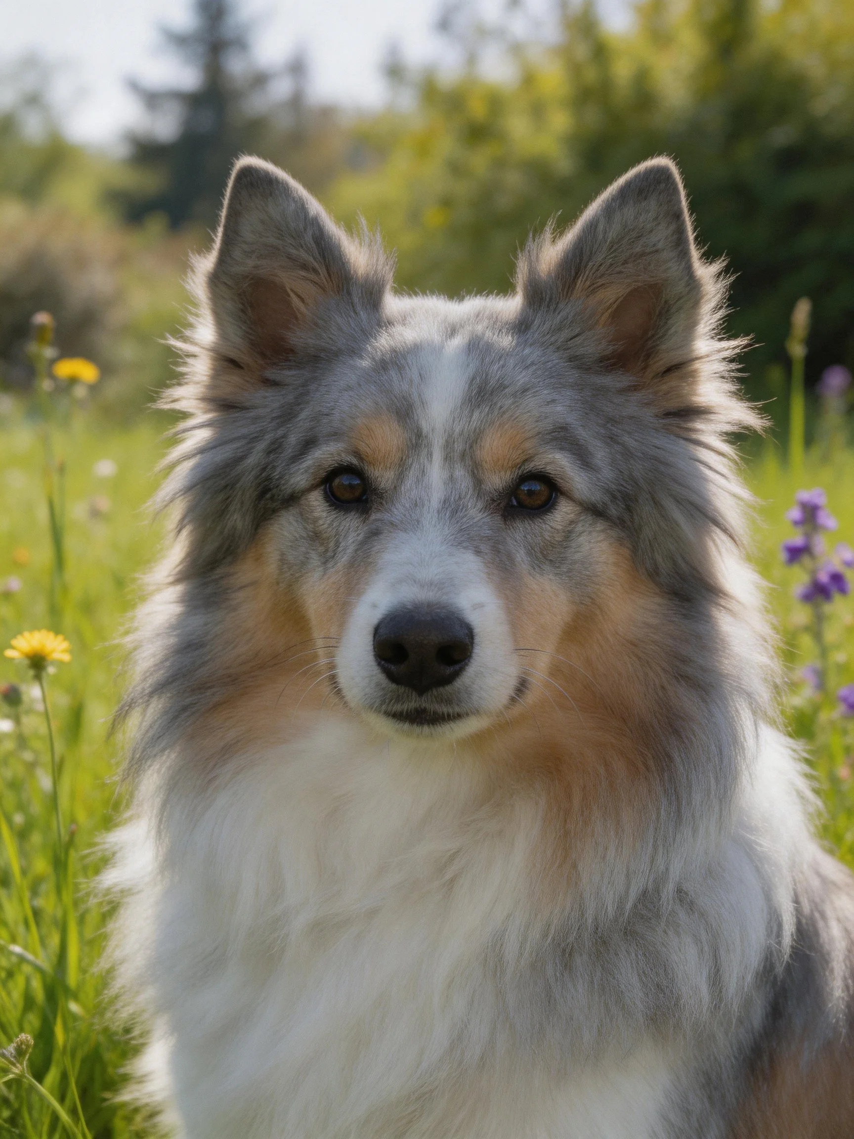 Gray and white collie amid wildflowers in sunlit meadow