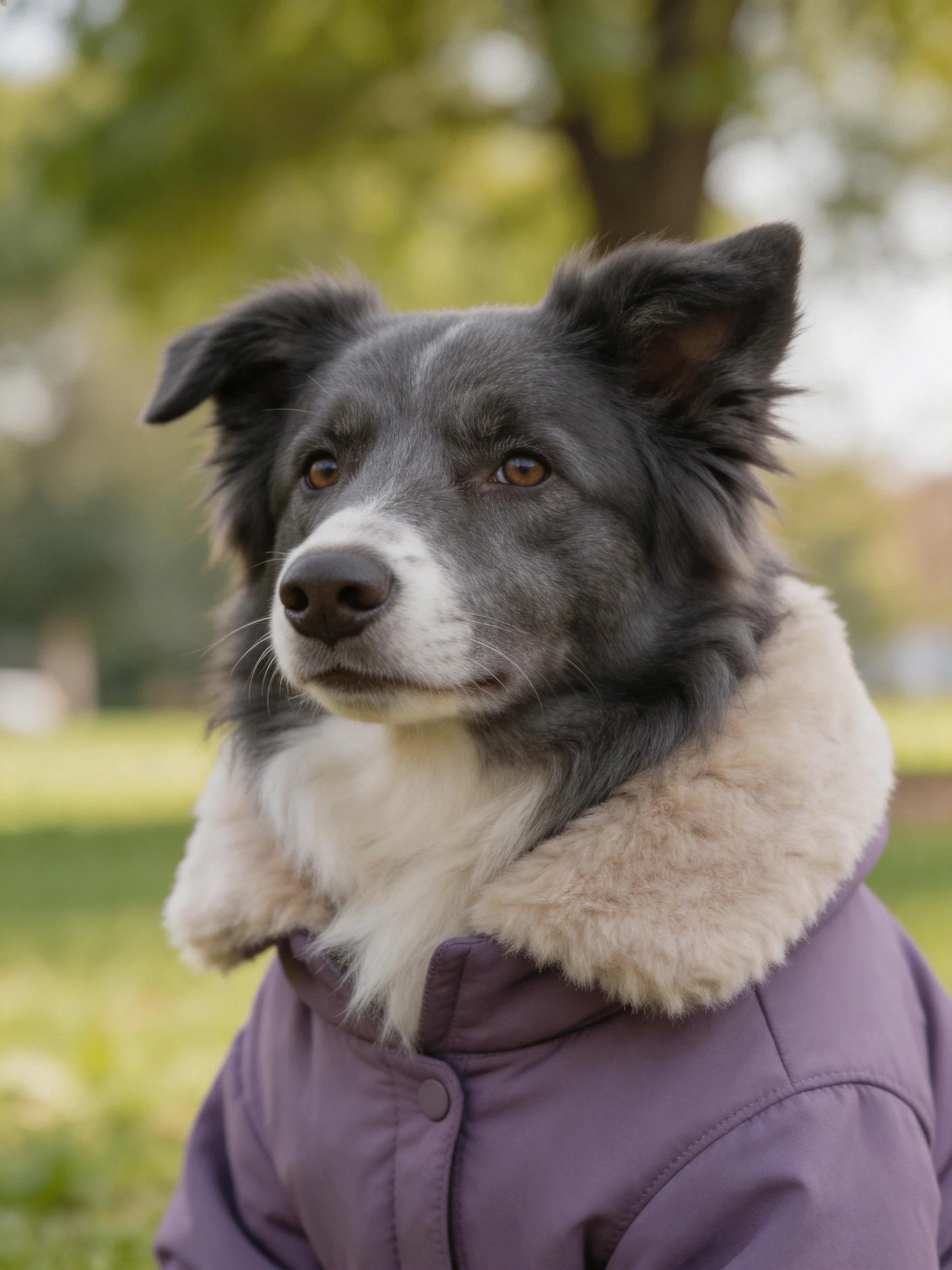 Gray and white dog in purple coat with fur collar outdoors