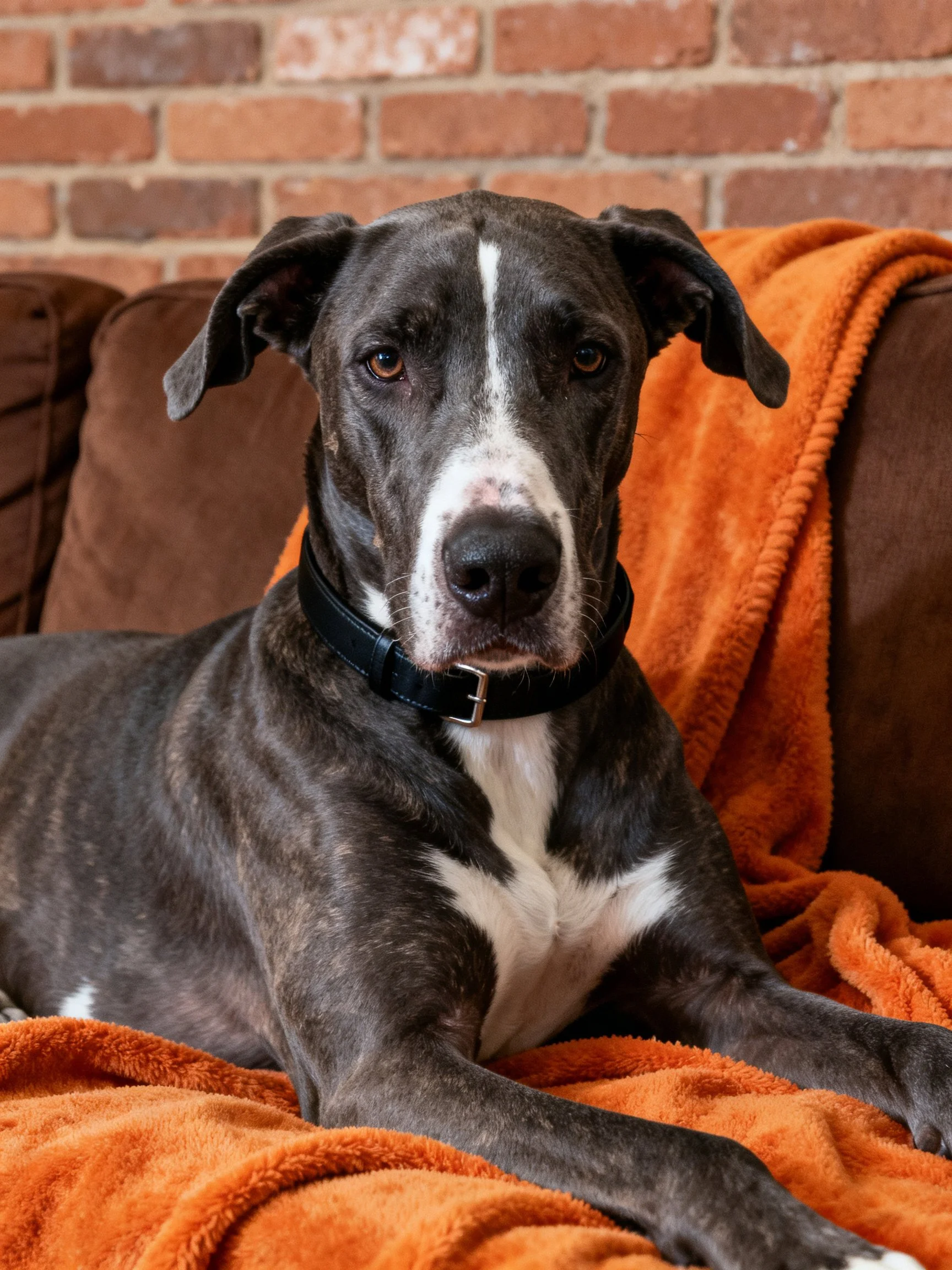 Gray and white dog lounging on orange blanket by brick wall