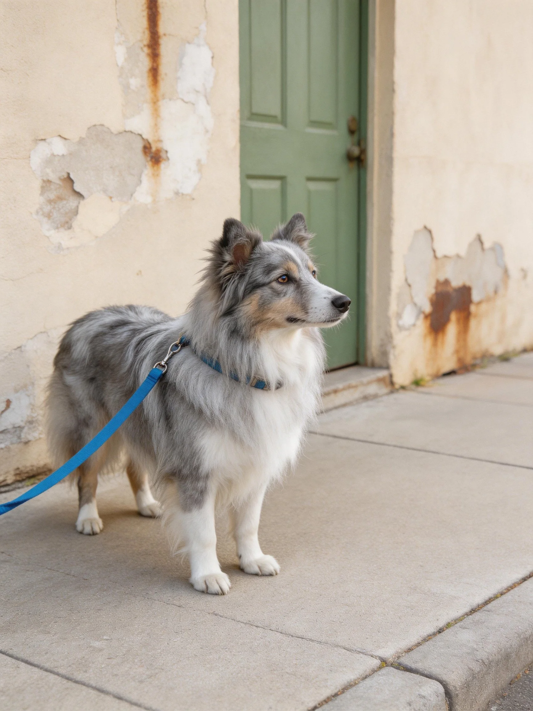 Gray and white dog on sidewalk near weathered wall with green door