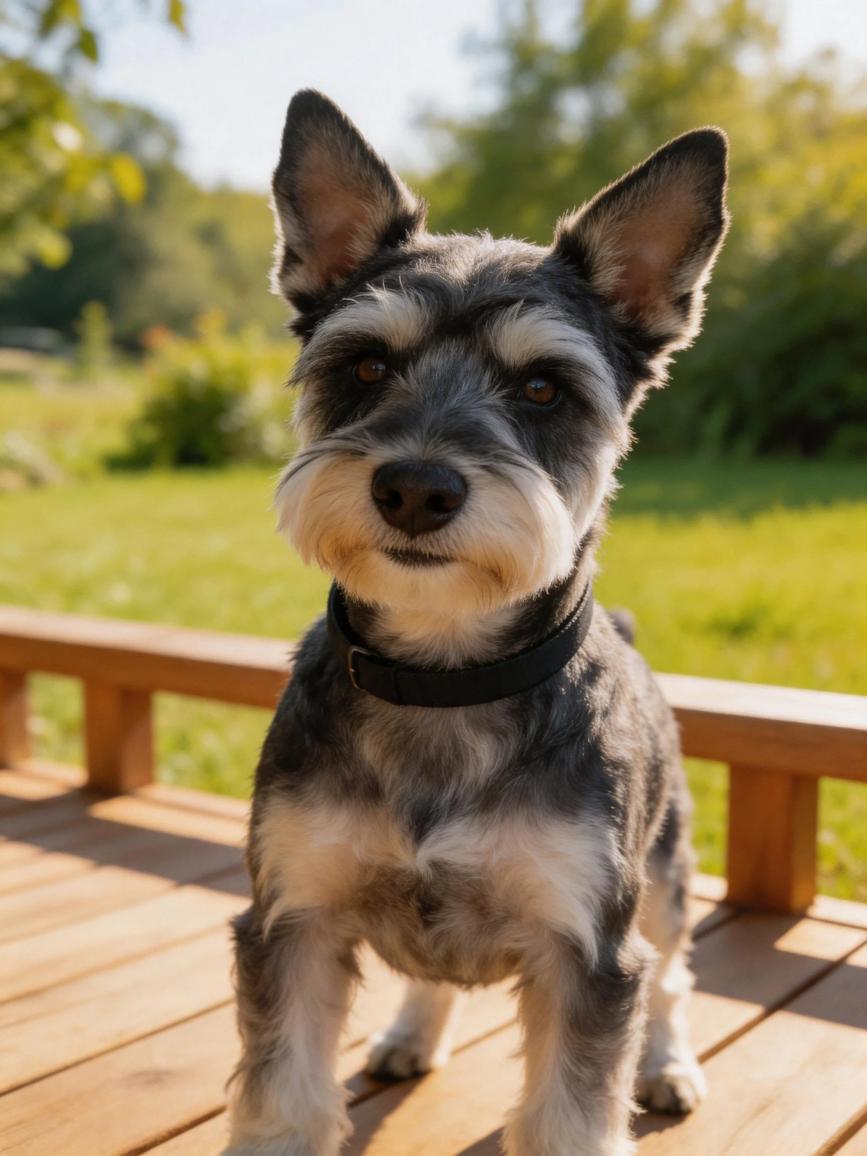 Gray and white dog on wooden deck outdoors