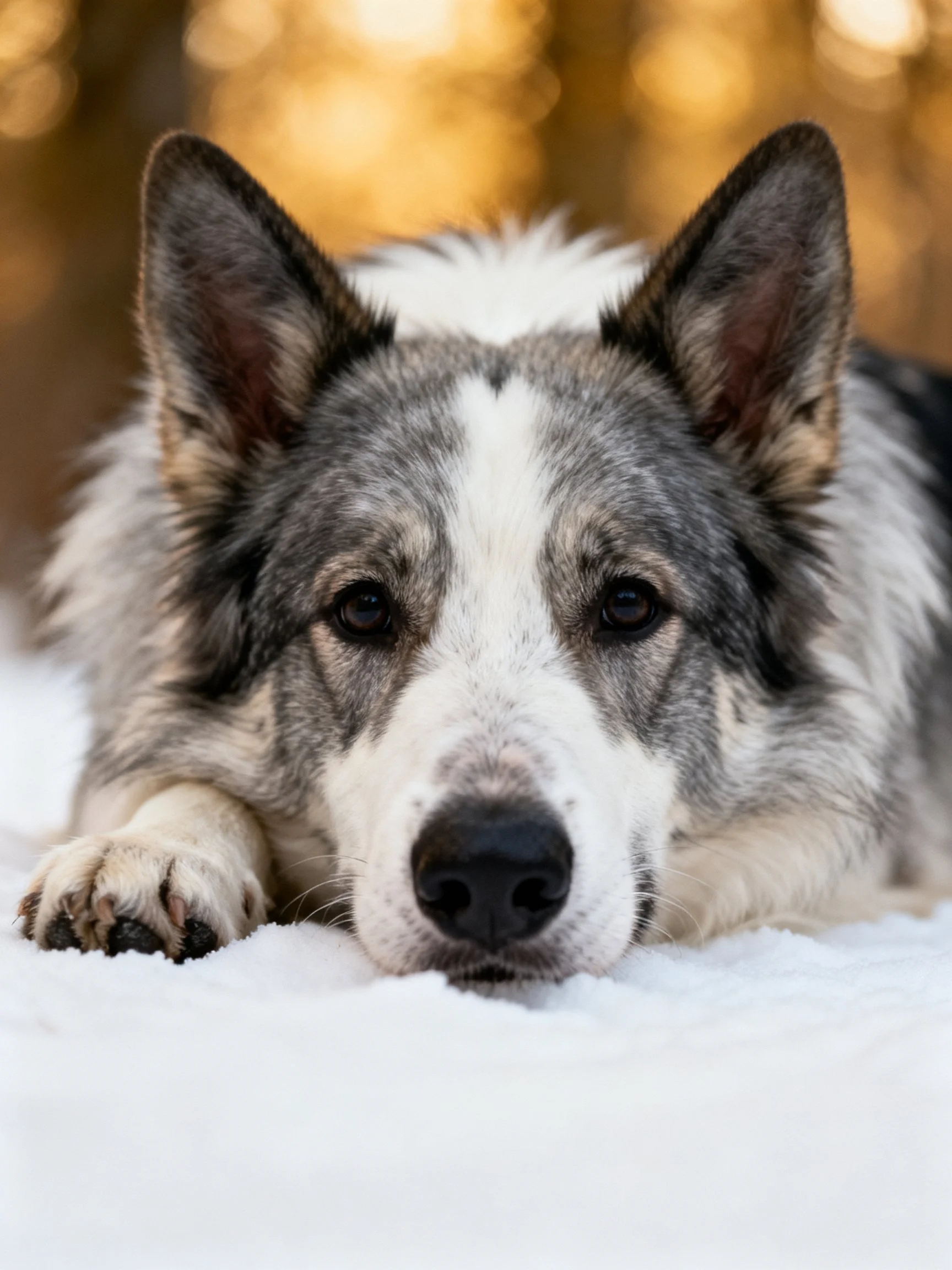 Gray and white dog resting on snow with golden forest bokeh