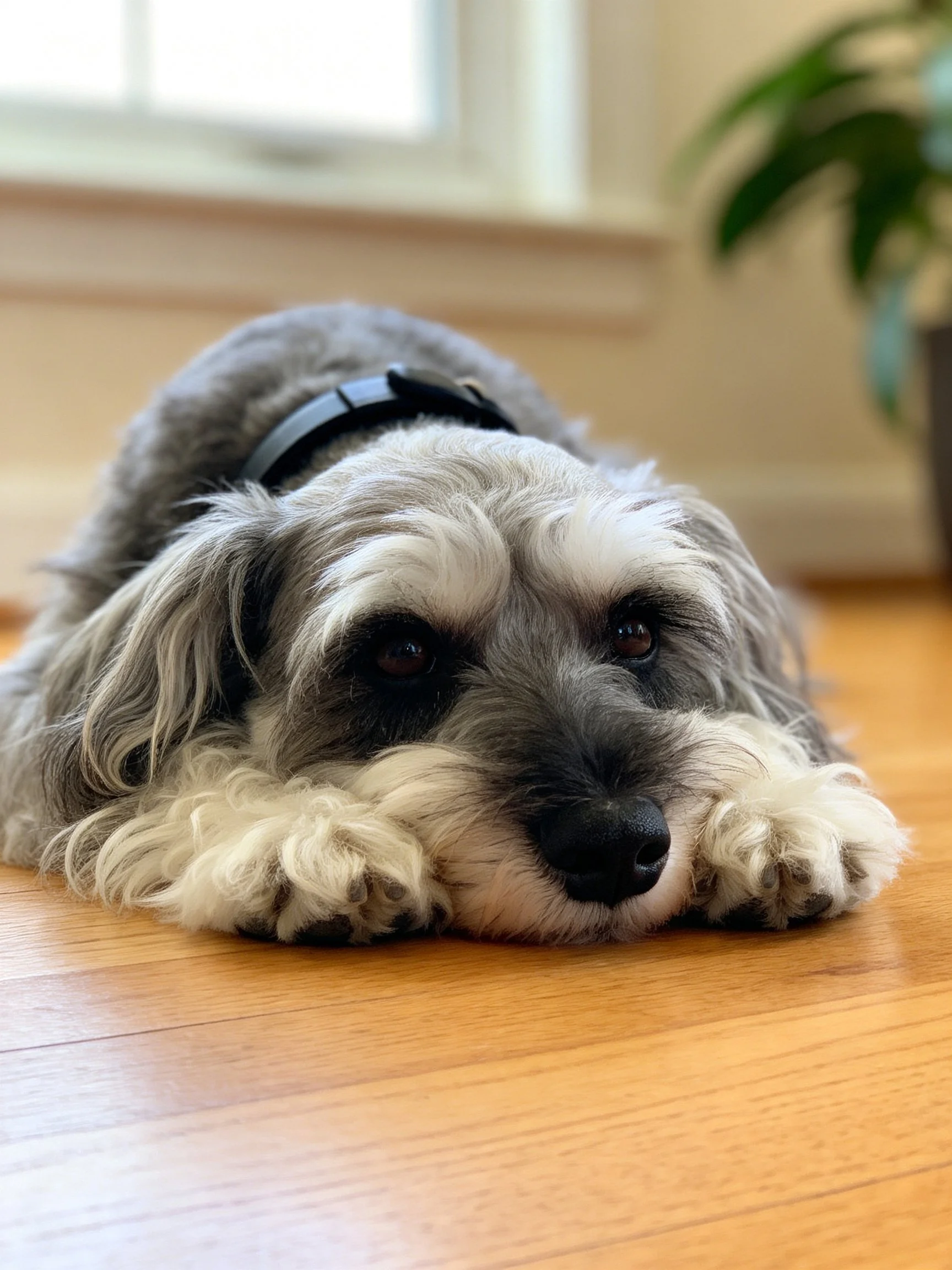 Gray and white dog rests on wooden floor indoors