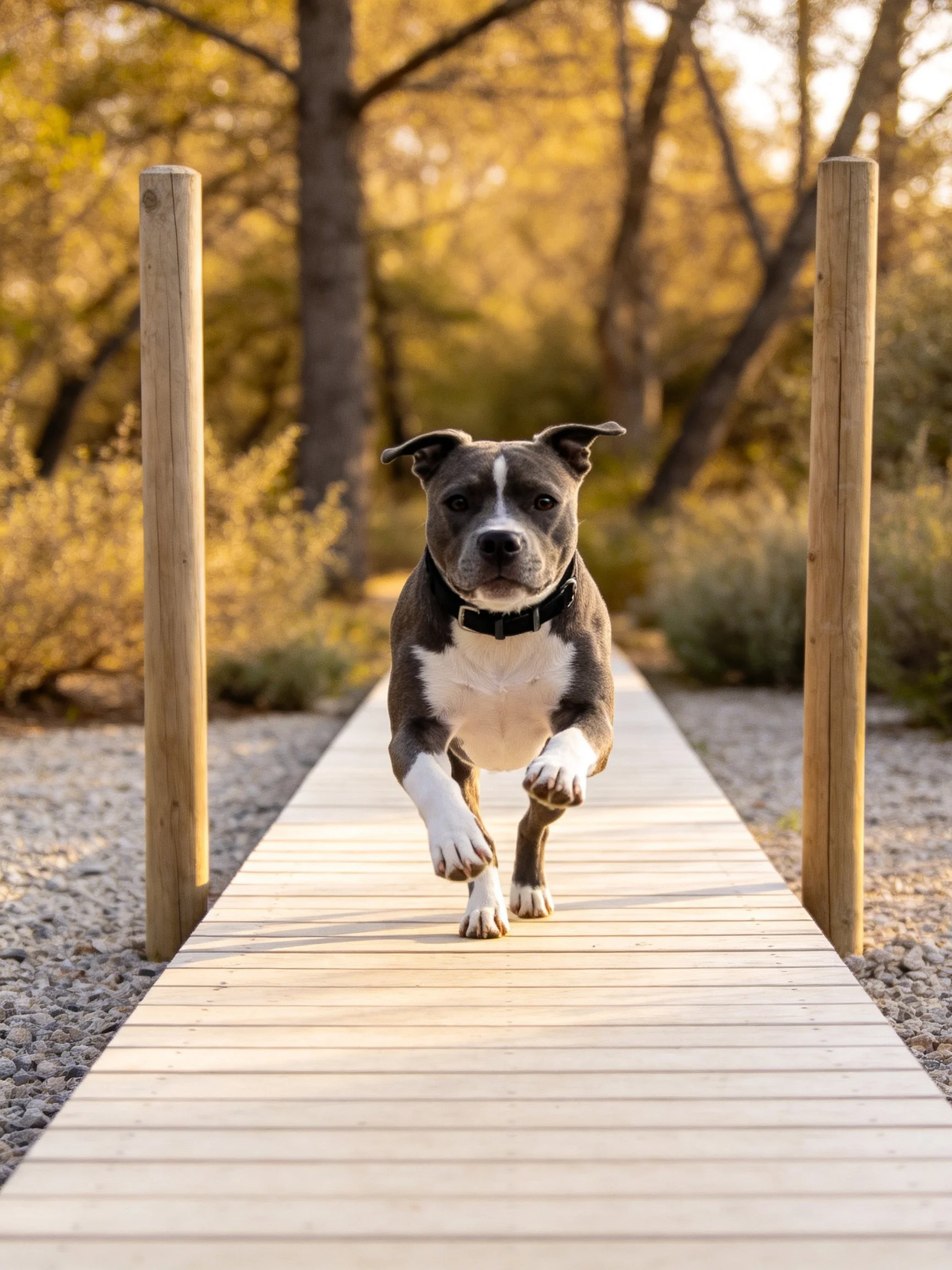 Gray and white dog running on wooden walkway in sunlit wooded area
