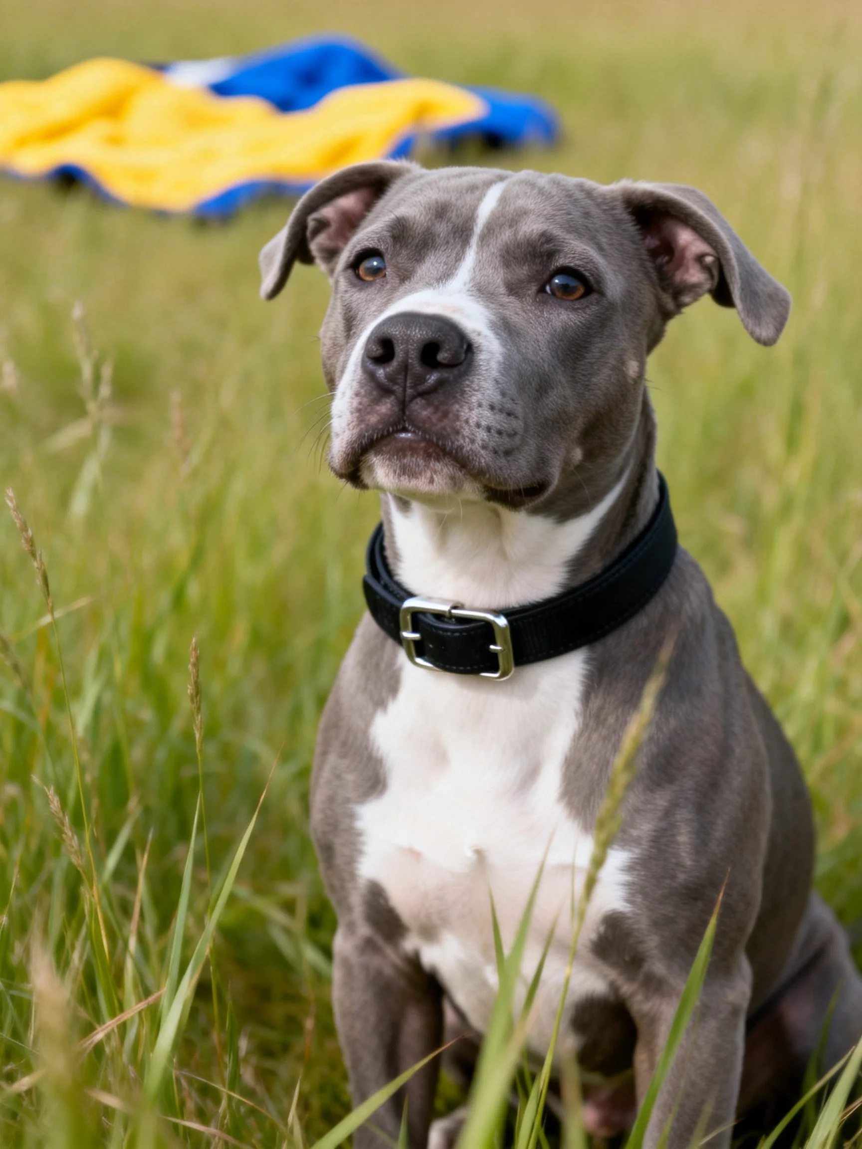 A gray and white dog sits in tall grass with colorful towels in the background