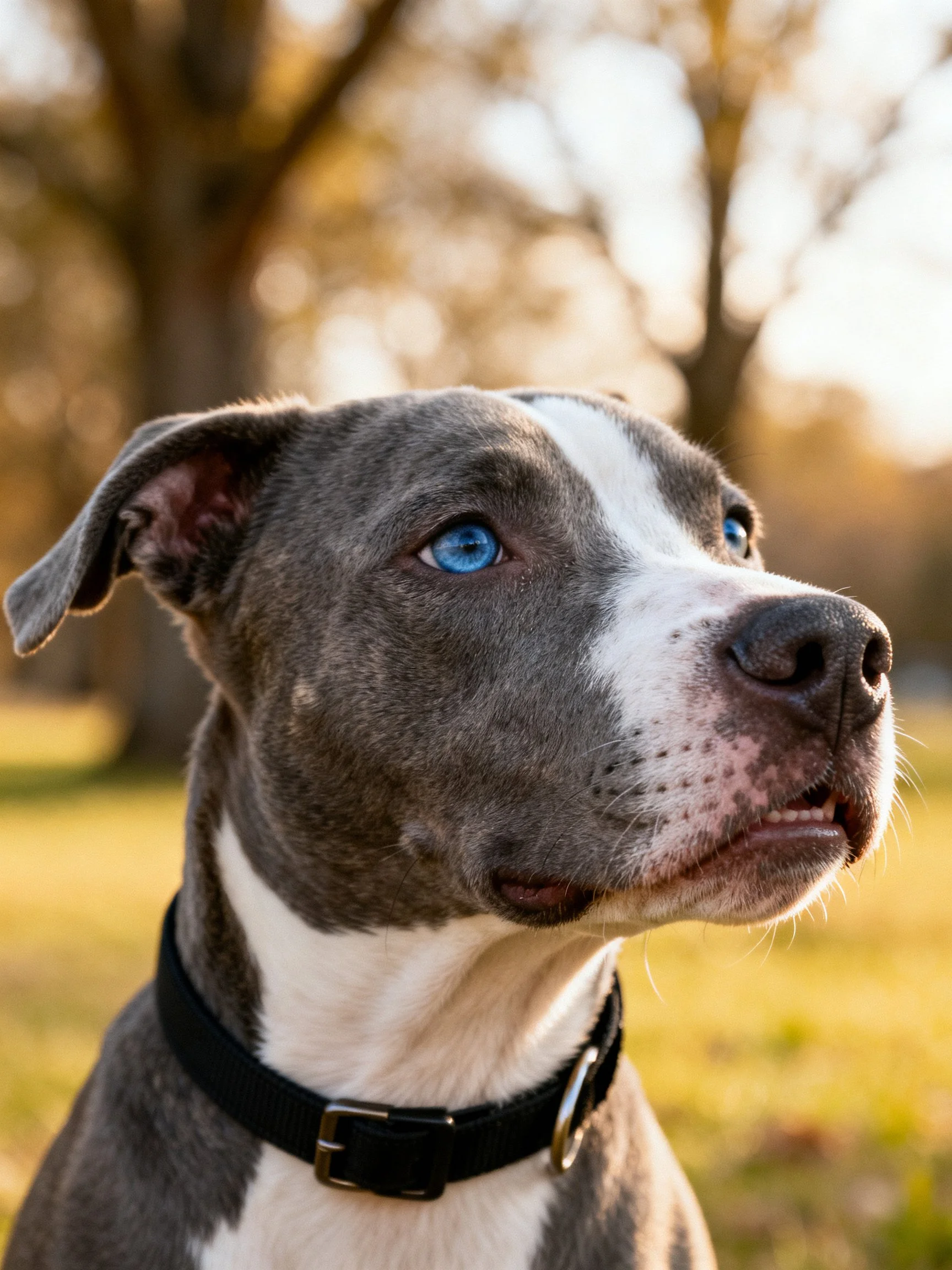 A gray and white dog with blue eyes stands near trees in a sunlit outdoor setting.