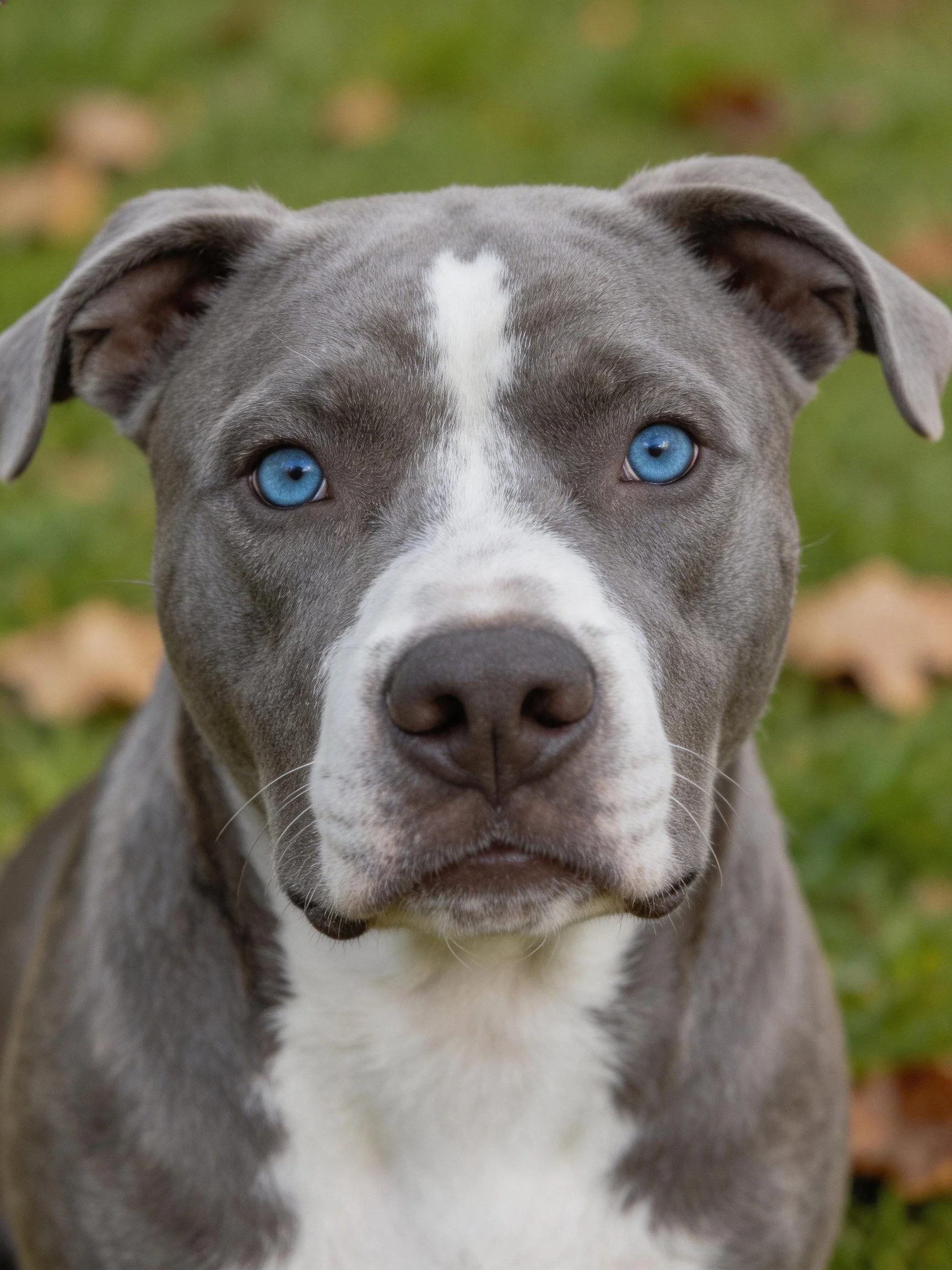 A gray and white dog with blue eyes stands among green grass and fallen leaves.