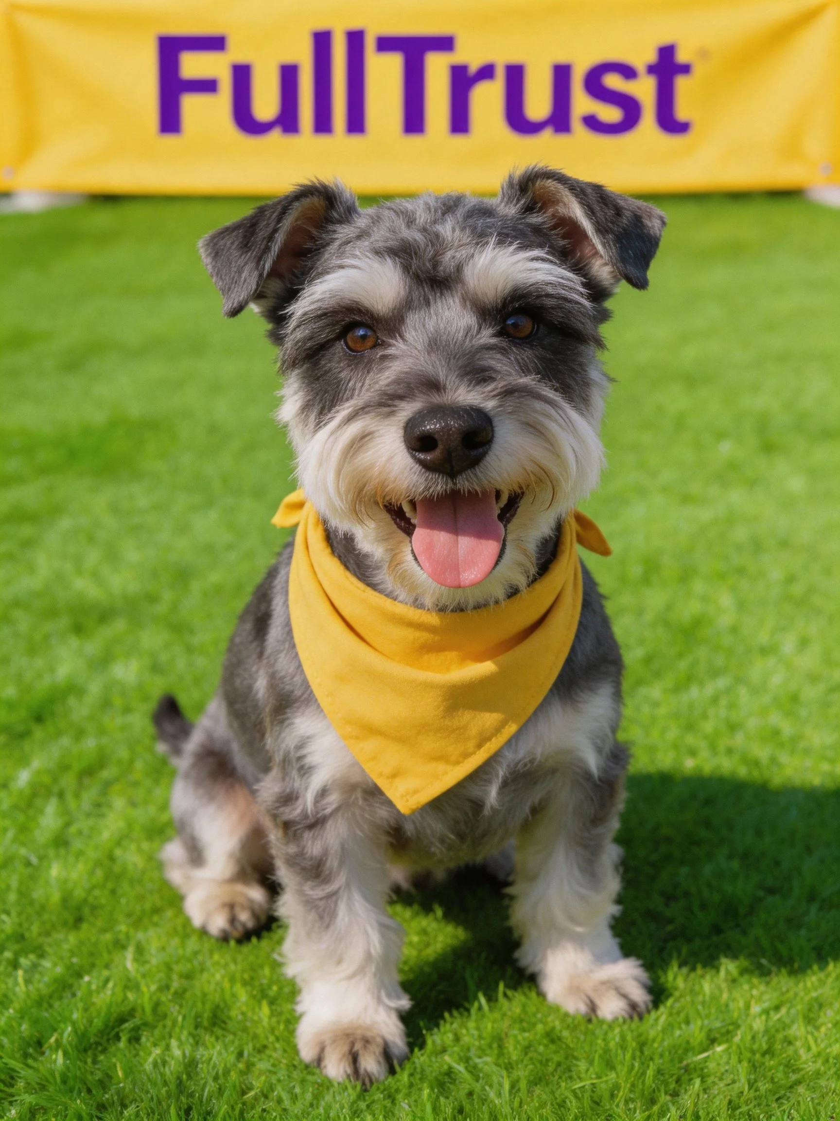 A gray and white dog with a yellow bandana sits on green grass beside a FullTrust banner.