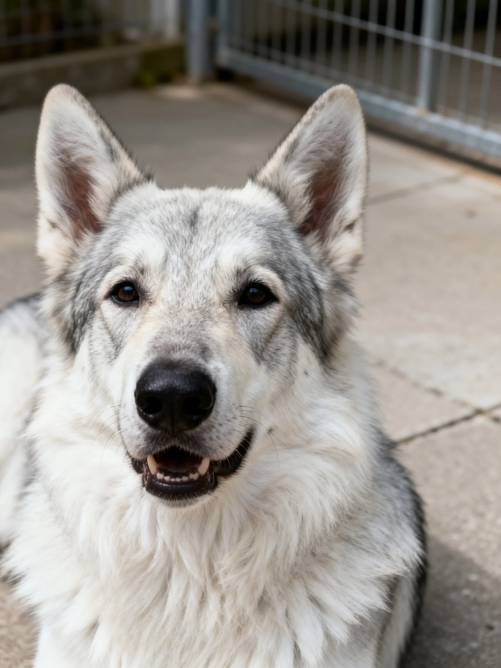 A gray and white fluffy dog sits on concrete near a metal fence.