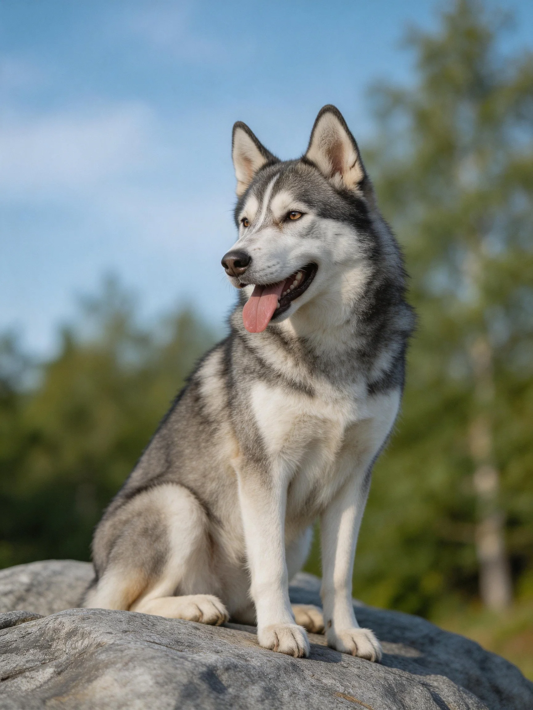 A gray and white husky sits on a rock with trees and clear sky in the background.