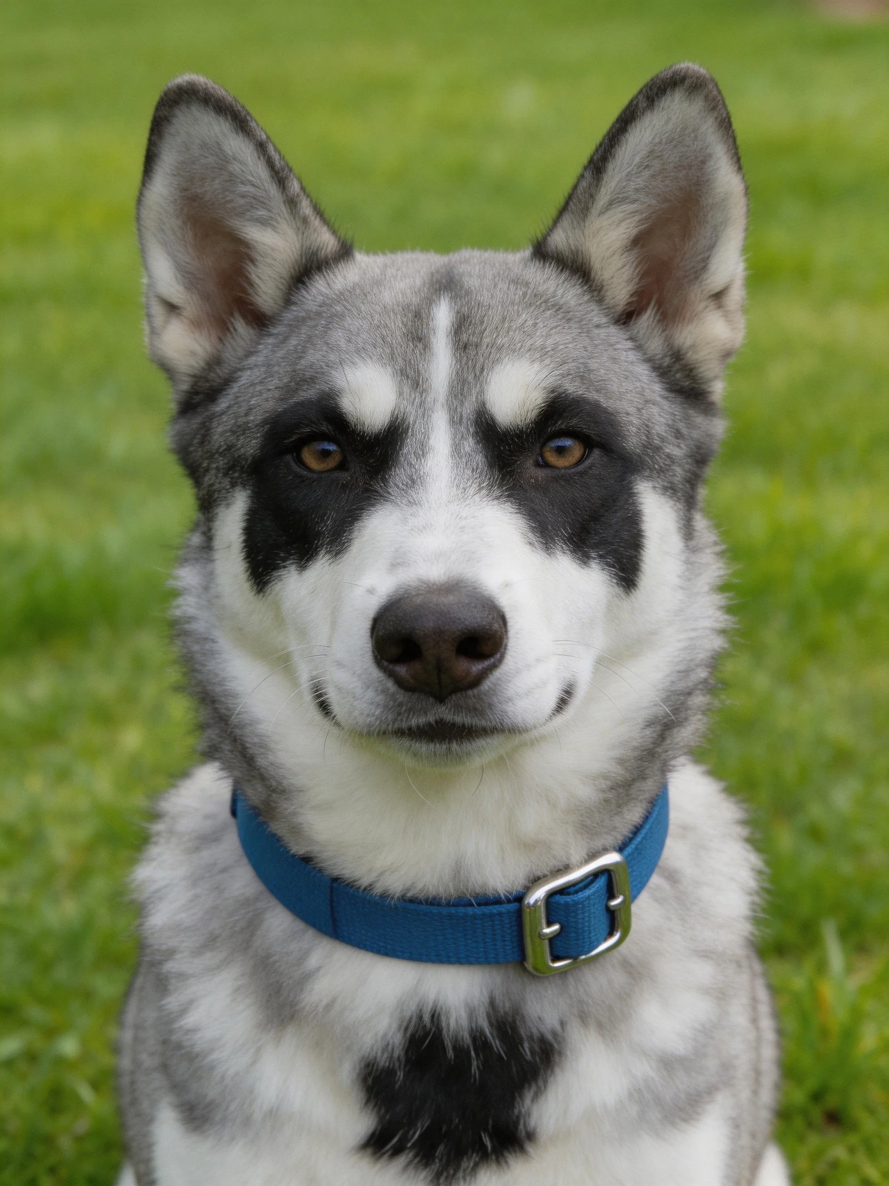 A gray and white husky with blue collar sits on grass.