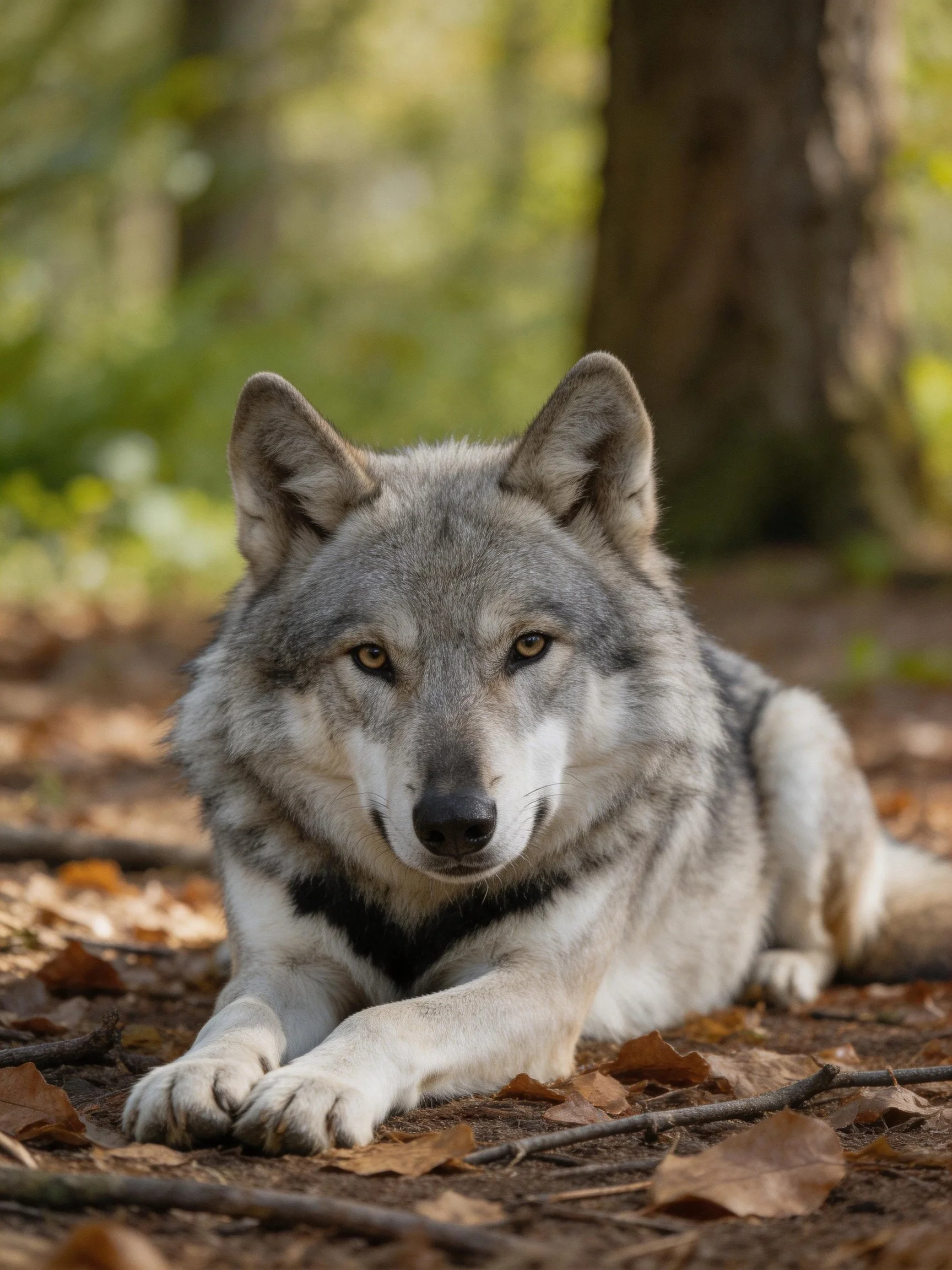 A gray and white wolf lies calmly amid autumn leaves in a sunlit woodland.