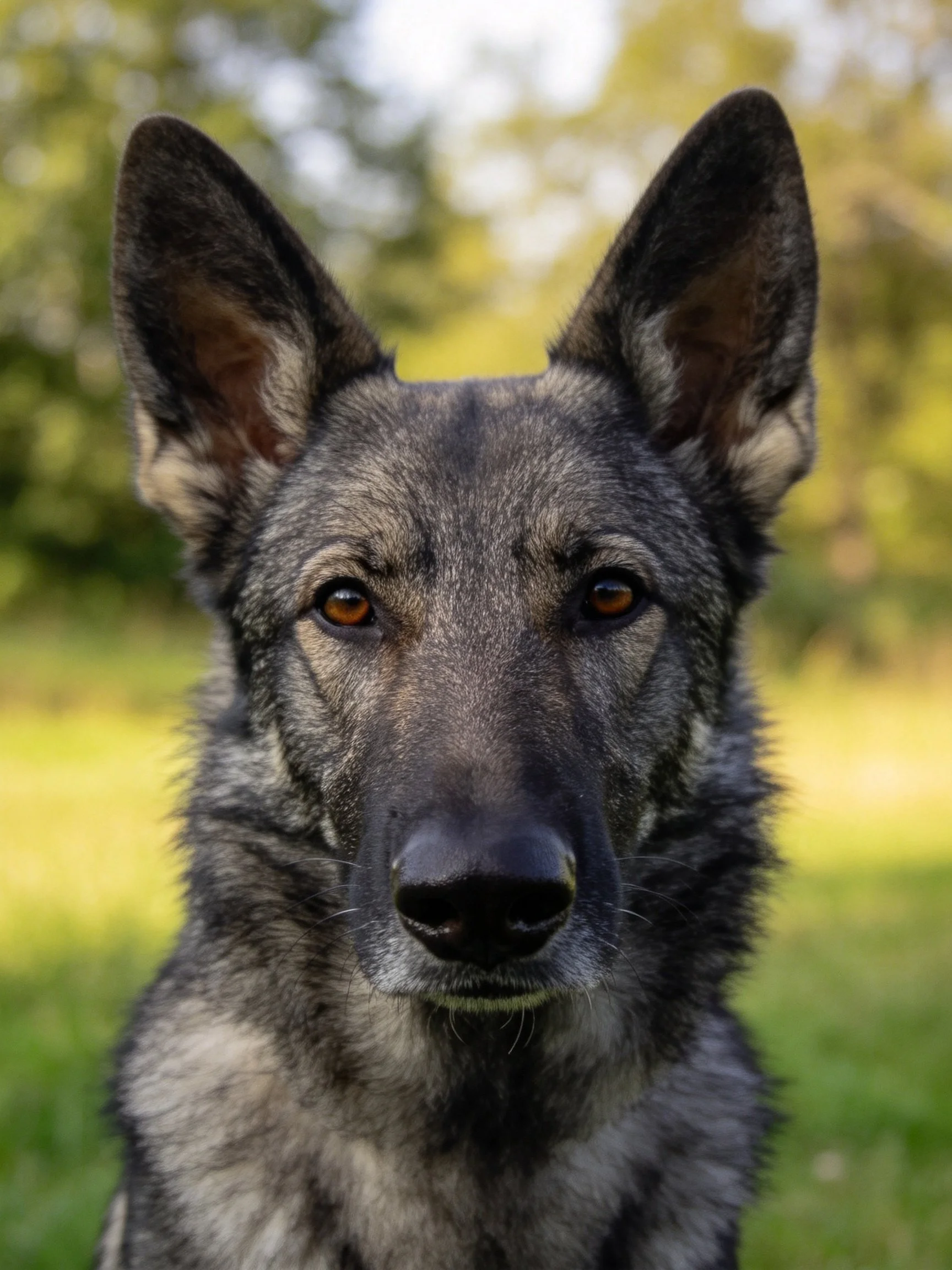 Gray-coated German Shepherd with upright ears in an outdoor setting