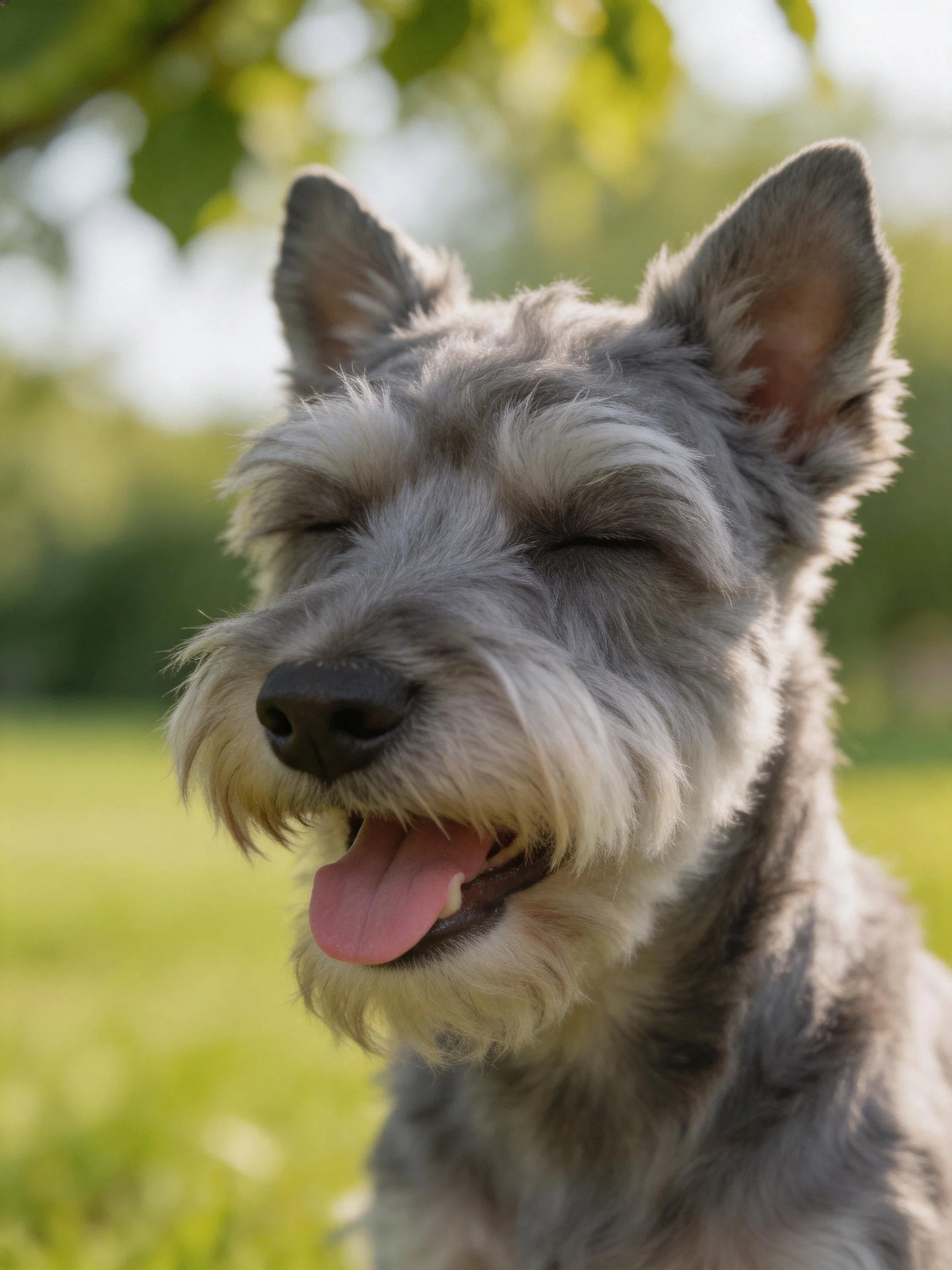 Gray-coated dog with perked ears enjoys a sunny day outside