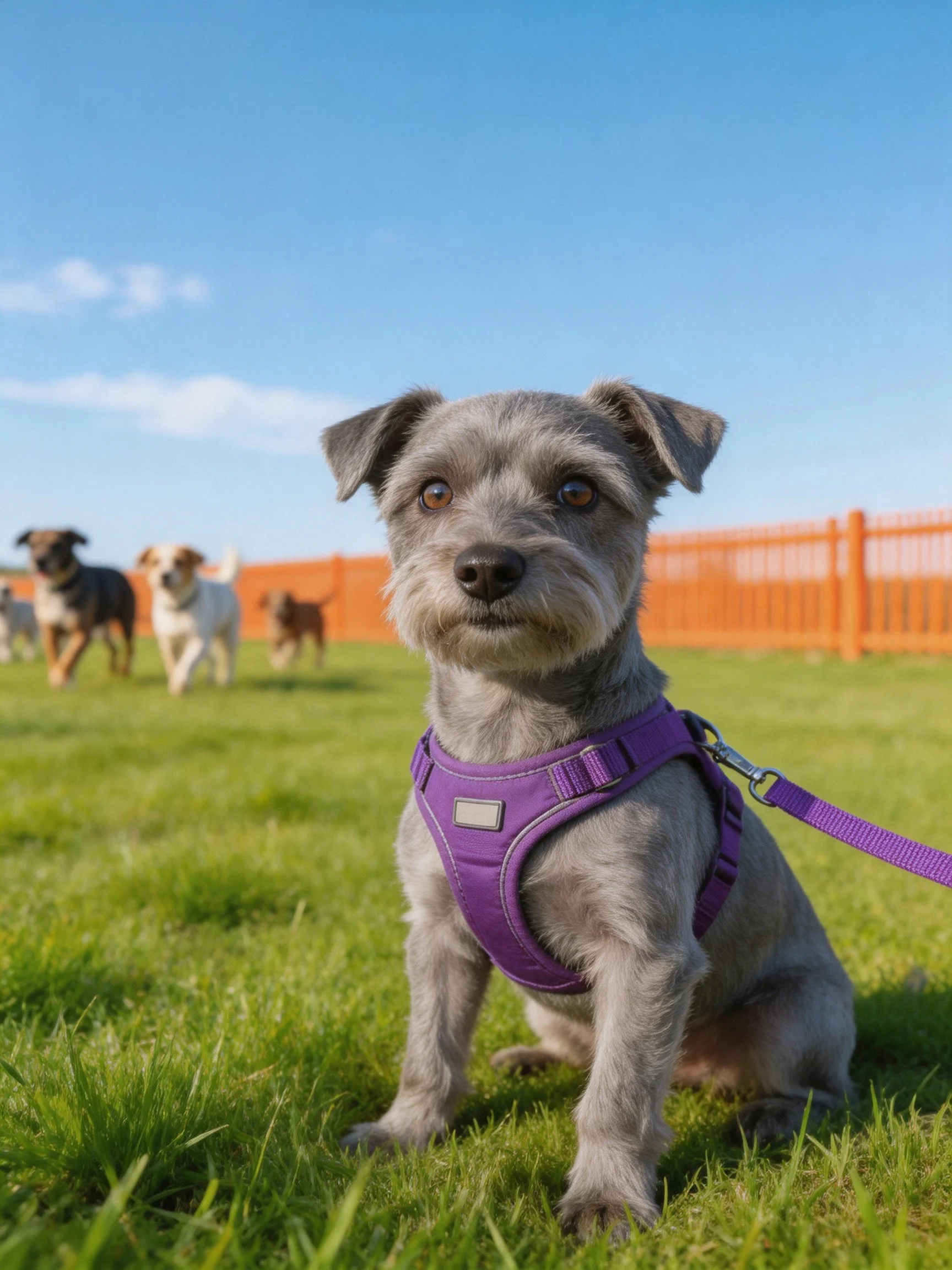 A gray dog with a purple harness sits on grass as other dogs run behind it.