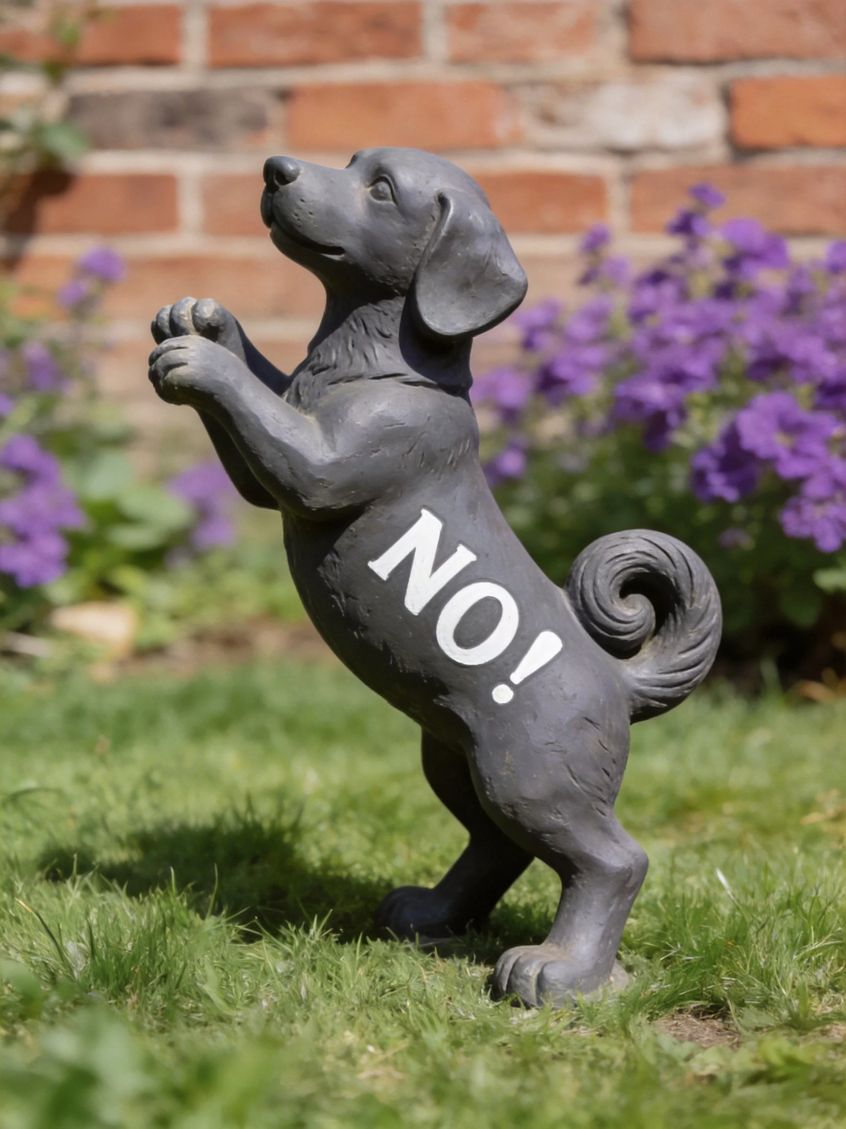 A gray dog statue marked NO! stands on grass near a brick wall and purple flowers.