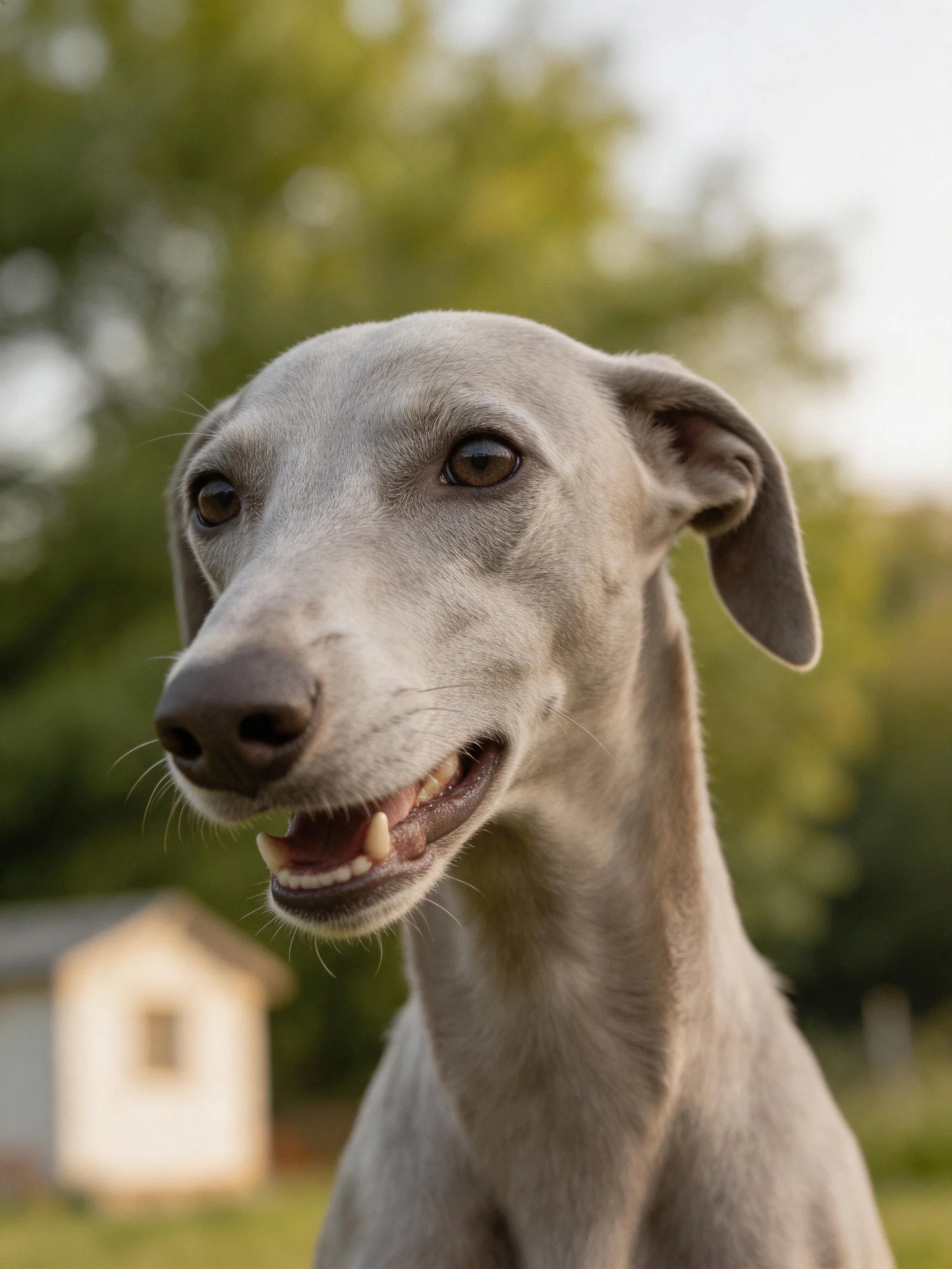 Gray dog with drooping ears near green foliage and a small white shed