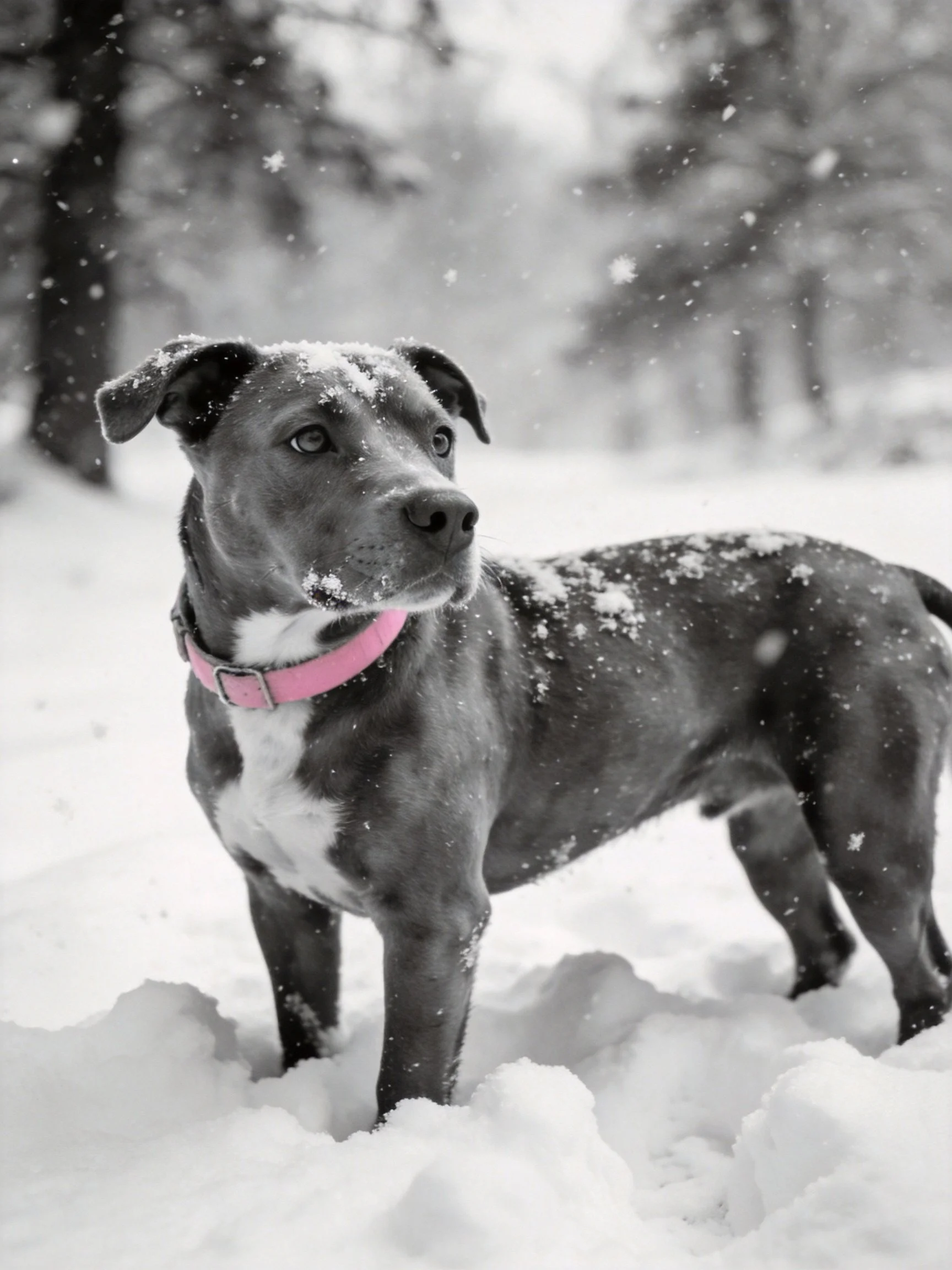 Gray dog with pink collar in falling snow