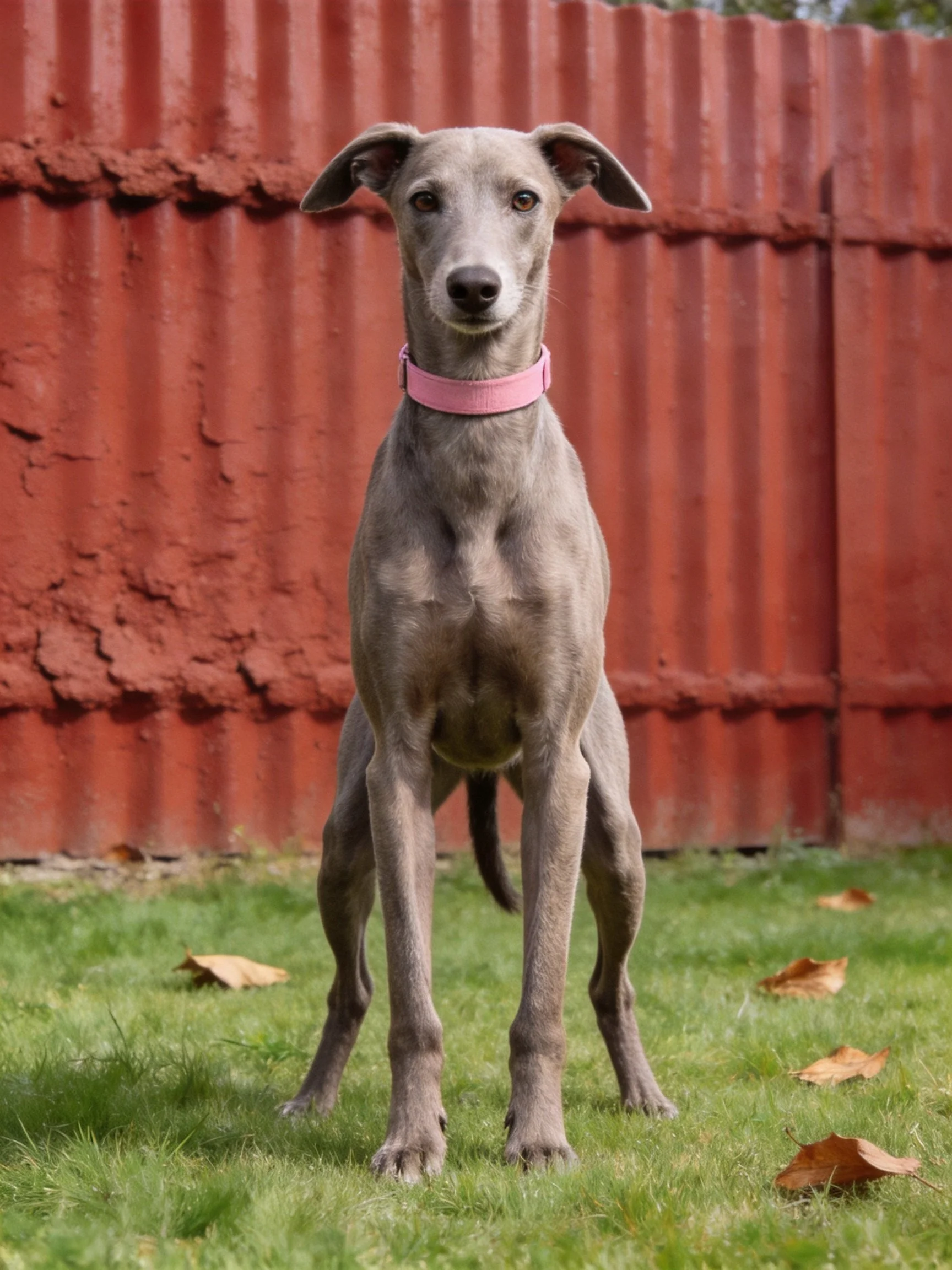 Gray dog with pink collar on grass near red fence